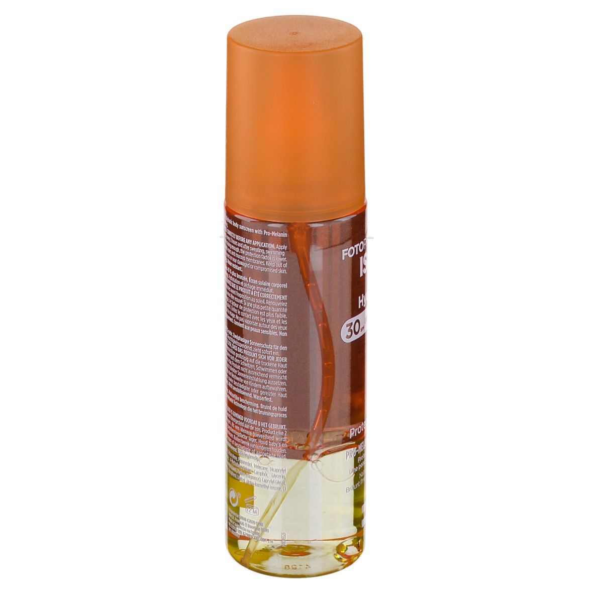 Rückseite der FOTOPROTECTOR ISDIN HydroOil LSF 30 Flasche. Text in mehreren Sprachen.