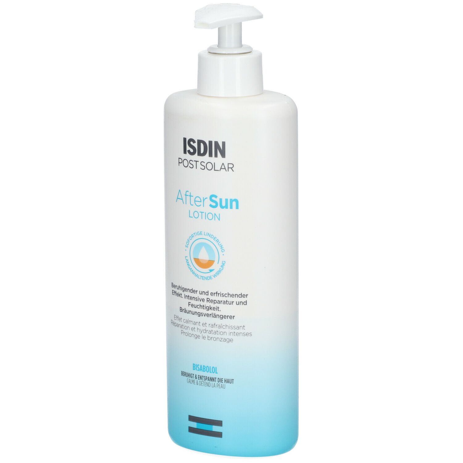 Weiße Flasche mit Pumpe. ISDIN Post-Solar AfterSun Lotion. Blaue und weiße Farbverläufe. Text und Logo auf der Vorderseite.