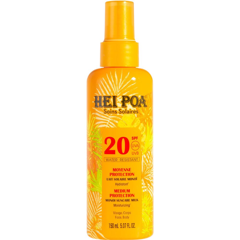 Flacon orange avec vaporisateur. Inscription: HEI POA, Soins Solaires, 20 SPF, résistant à l'eau. Texte: Moyenne Protection, Lait Solaire Monoi.