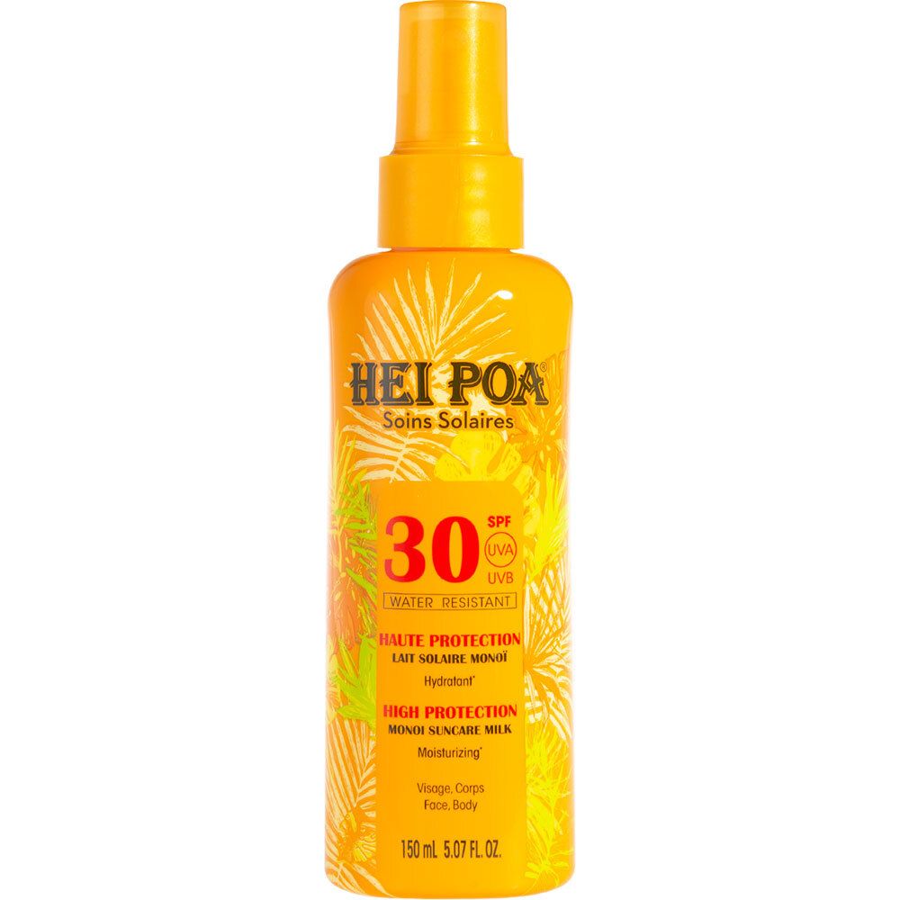 Flacon spray orange avec tête jaune. Inscriptions: HEI POA, SPF 30, Lait Solaire Monoi. Résistant à l'eau.