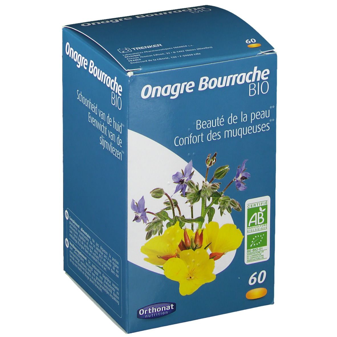 Boîte bleue avec inscription 'Onagre Bourrache BIO'. Illustration florale. Contient 60 gélules. Certification bio.