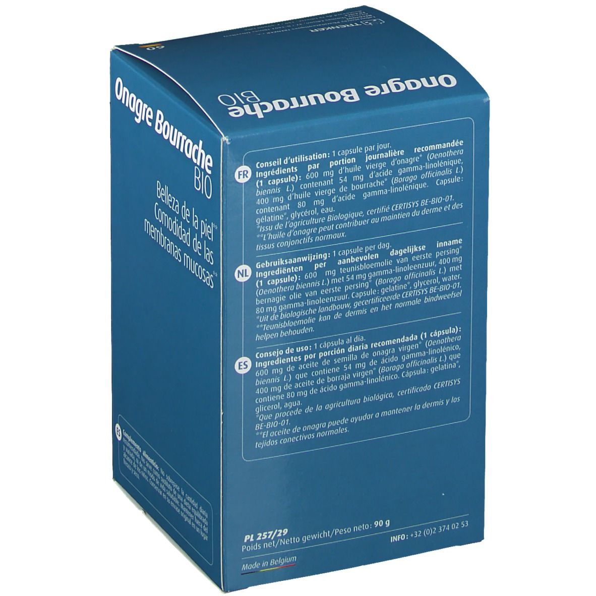 Boîte bleue avec informations produit multilingues. Ingrédients et posologie. Poids : 90g.