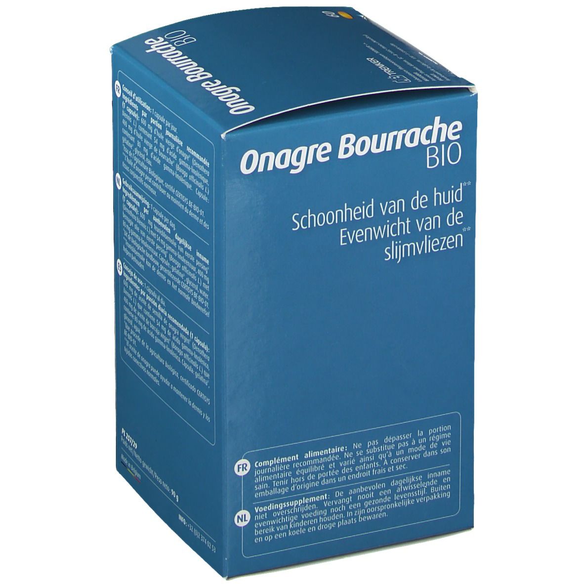 Boîte bleue avec inscription 'Onagre Bourrache BIO'. Texte sur la peau et les muqueuses. Pas d'autres détails.