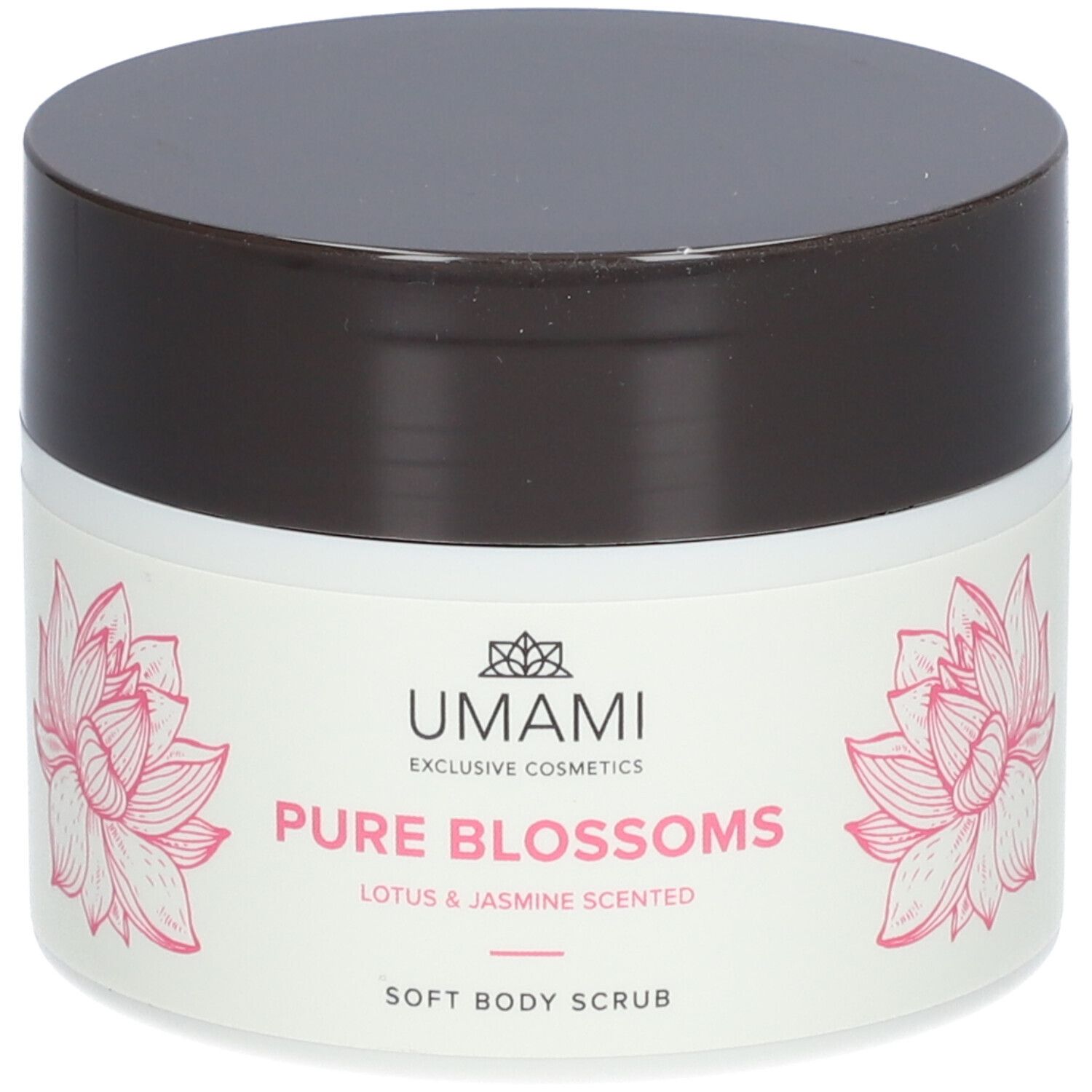 Pot blanc avec couvercle marron. Inscription : UMAMI Pure Blossoms, Lotus & Jasmine Scented, Soft Body Scrub. Fleurs de lotus roses.