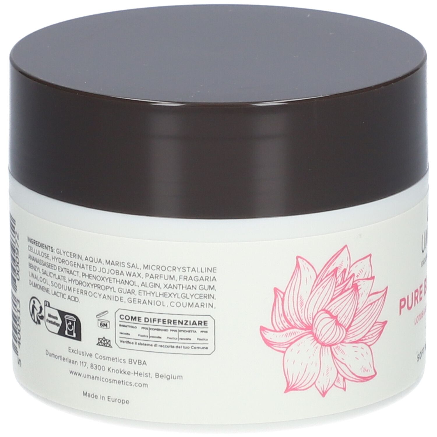 Dos du pot blanc avec couvercle marron. Liste des ingrédients, fleur de lotus, logos et informations de fabrication.