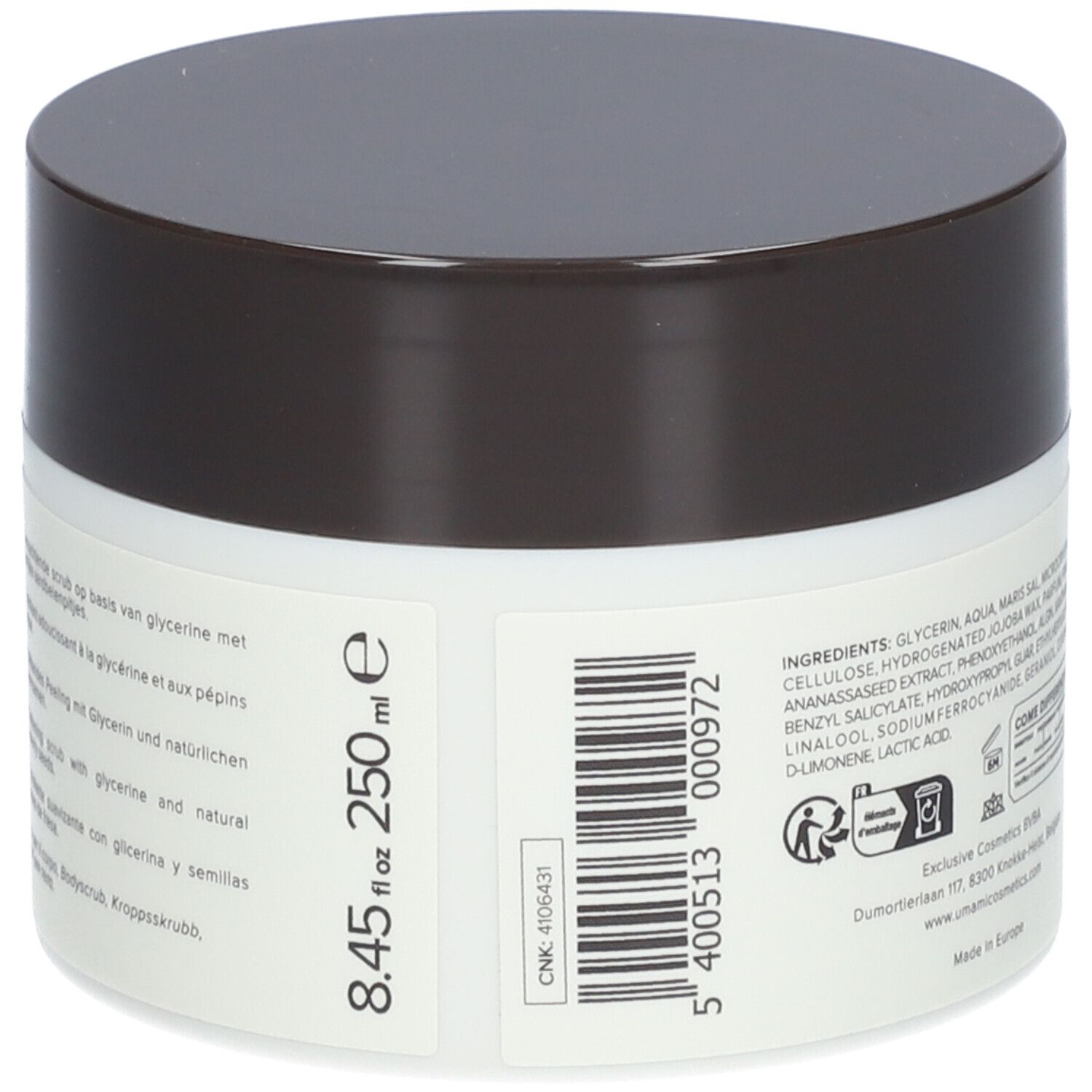 Pot blanc avec couvercle marron. Inscription : 8.45 fl oz 250 ml e. Code-barres et texte multilingue.