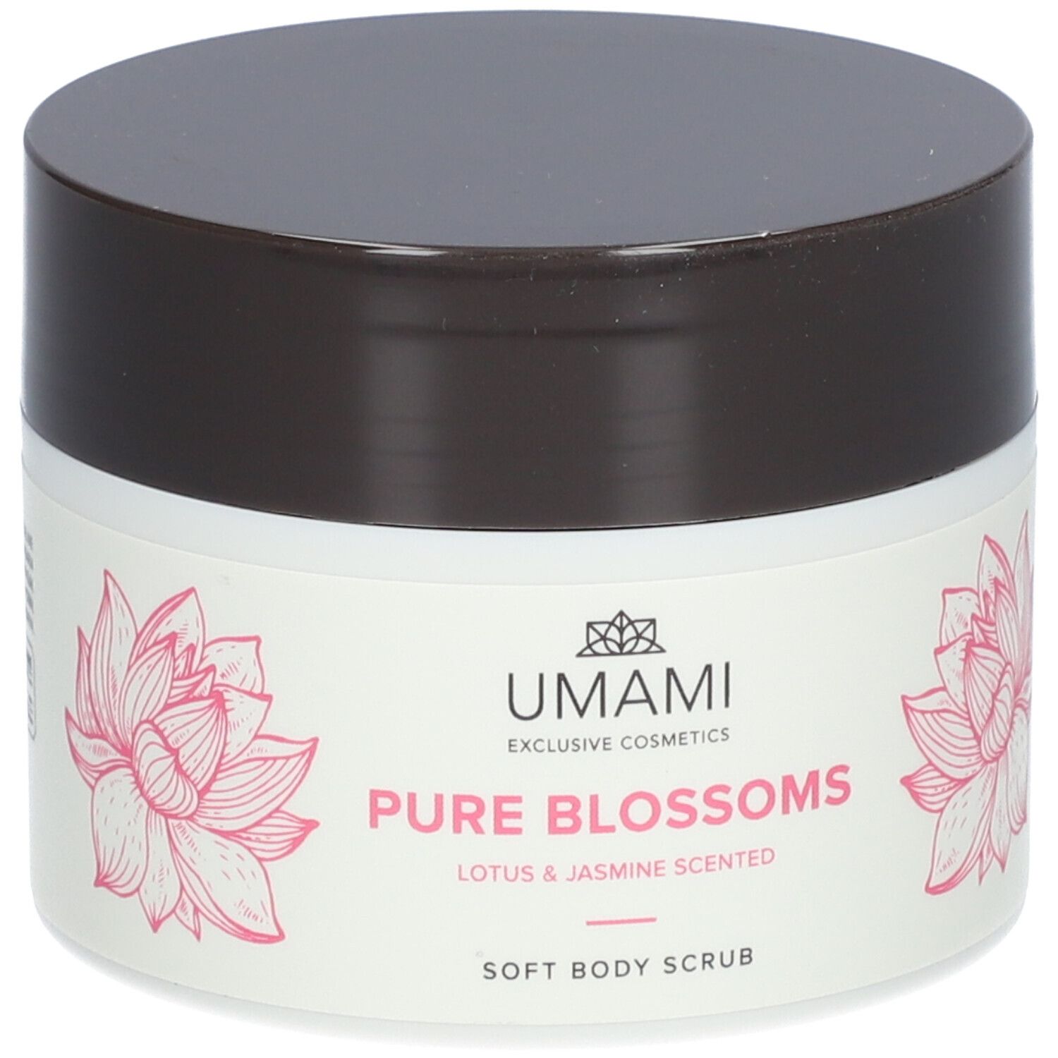 Pot blanc avec couvercle marron. Inscription : UMAMI Pure Blossoms, Lotus & Jasmine Scented, Soft Body Scrub. Fleurs de lotus roses.
