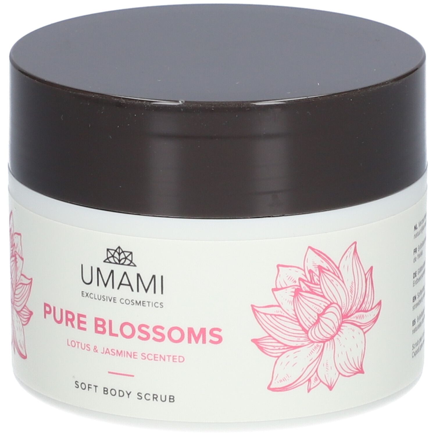 Pot blanc avec couvercle marron. Inscription : UMAMI Pure Blossoms, Lotus & Jasmine Scented, Soft Body Scrub. Fleur de lotus rose.
