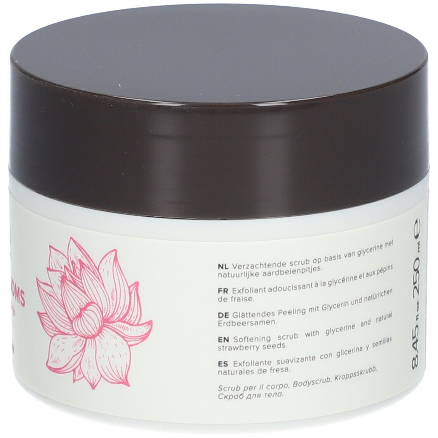 Dos du pot blanc avec couvercle marron. Texte multilingue, fleur de lotus, indication de volume.