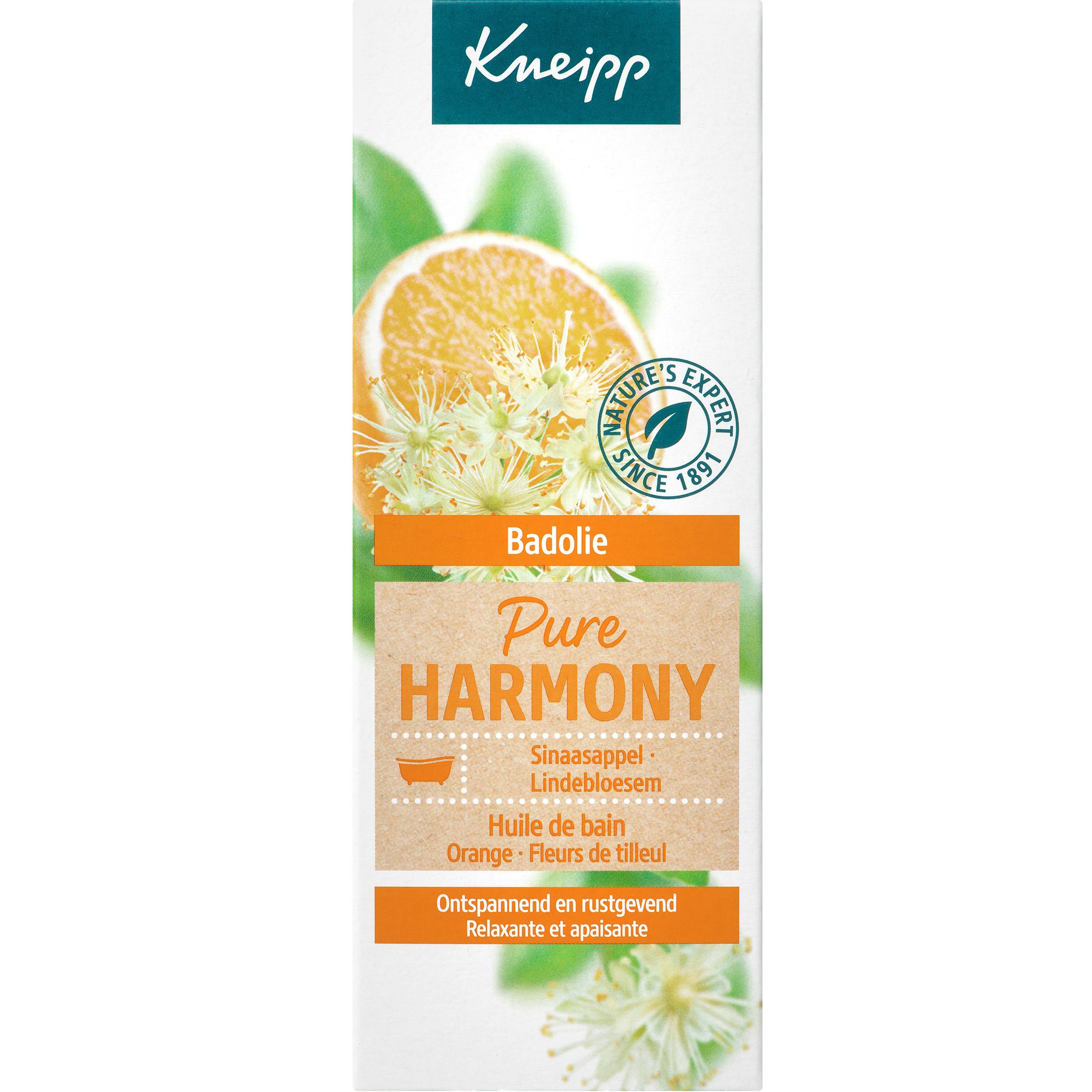 Emballage Kneipp Badeöl. Texte avec informations produit. Orange-Fleurs de tilleul. Fond floral.
