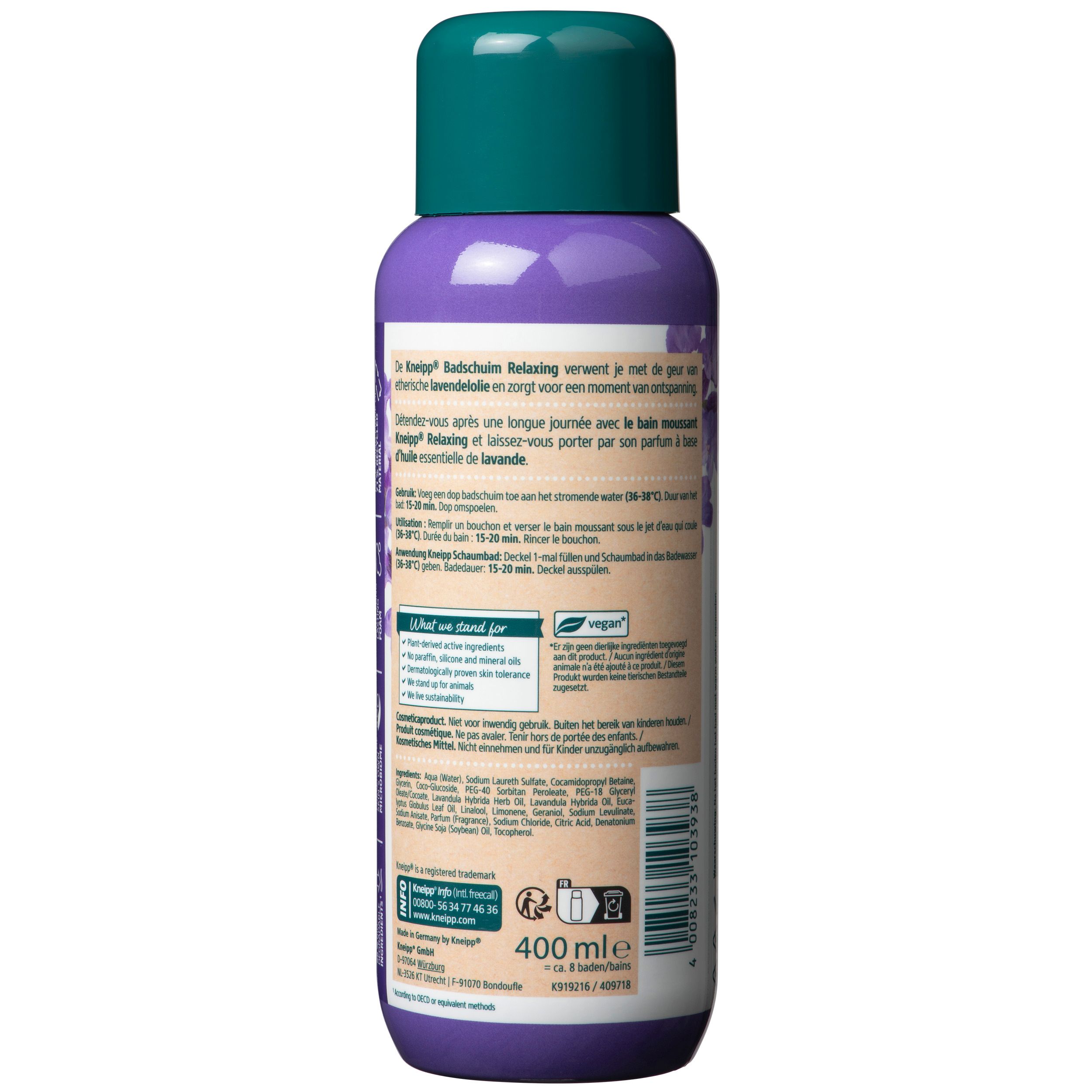 Dos du flacon de bain moussant Kneipp Lavande. Texte et informations sur l'étiquette. 400 ml. Flacon violet avec bouchon vert.