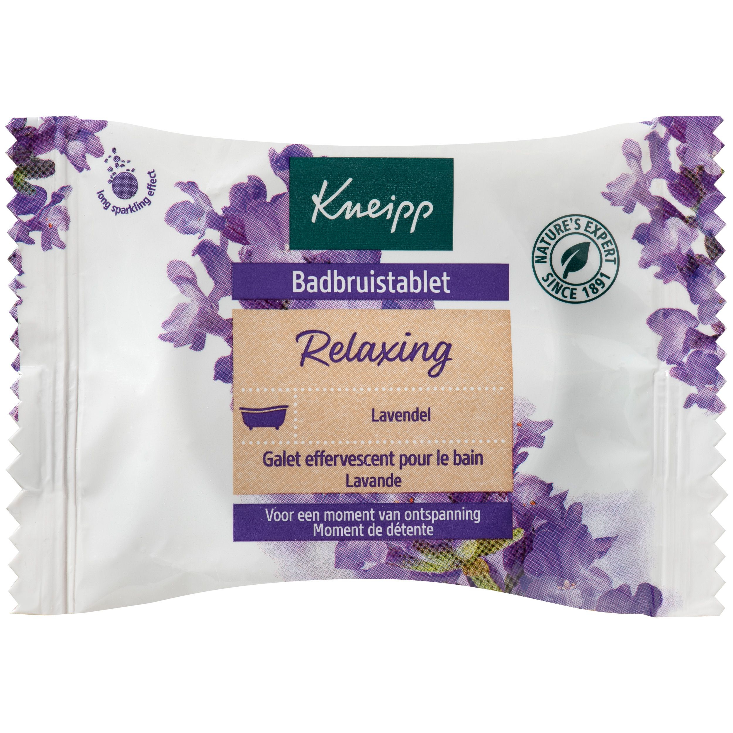 Galet de bain Kneipp®, face avant. Texte: Badbruistablet, Relaxing, Lavande. Motif floral et logo Kneipp.