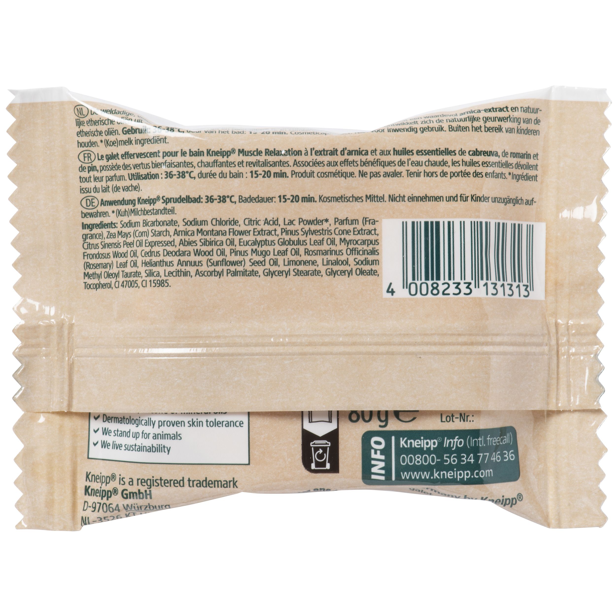 Dos du galet de bain Kneipp Muscle Relaxation. Texte: ingrédients, mode d'emploi. Code-barres et logo Kneipp.