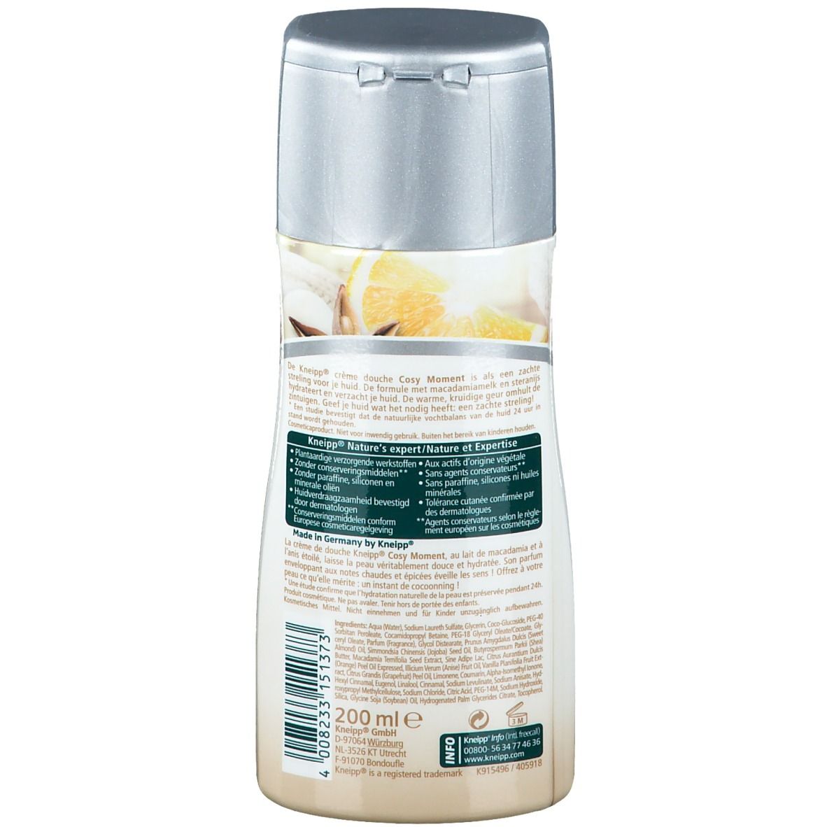 Rückseite der Kneipp® Cremedusche Cosy Moment. Weiße Flasche mit silbernem Deckel. Text und Logo auf dem Etikett.