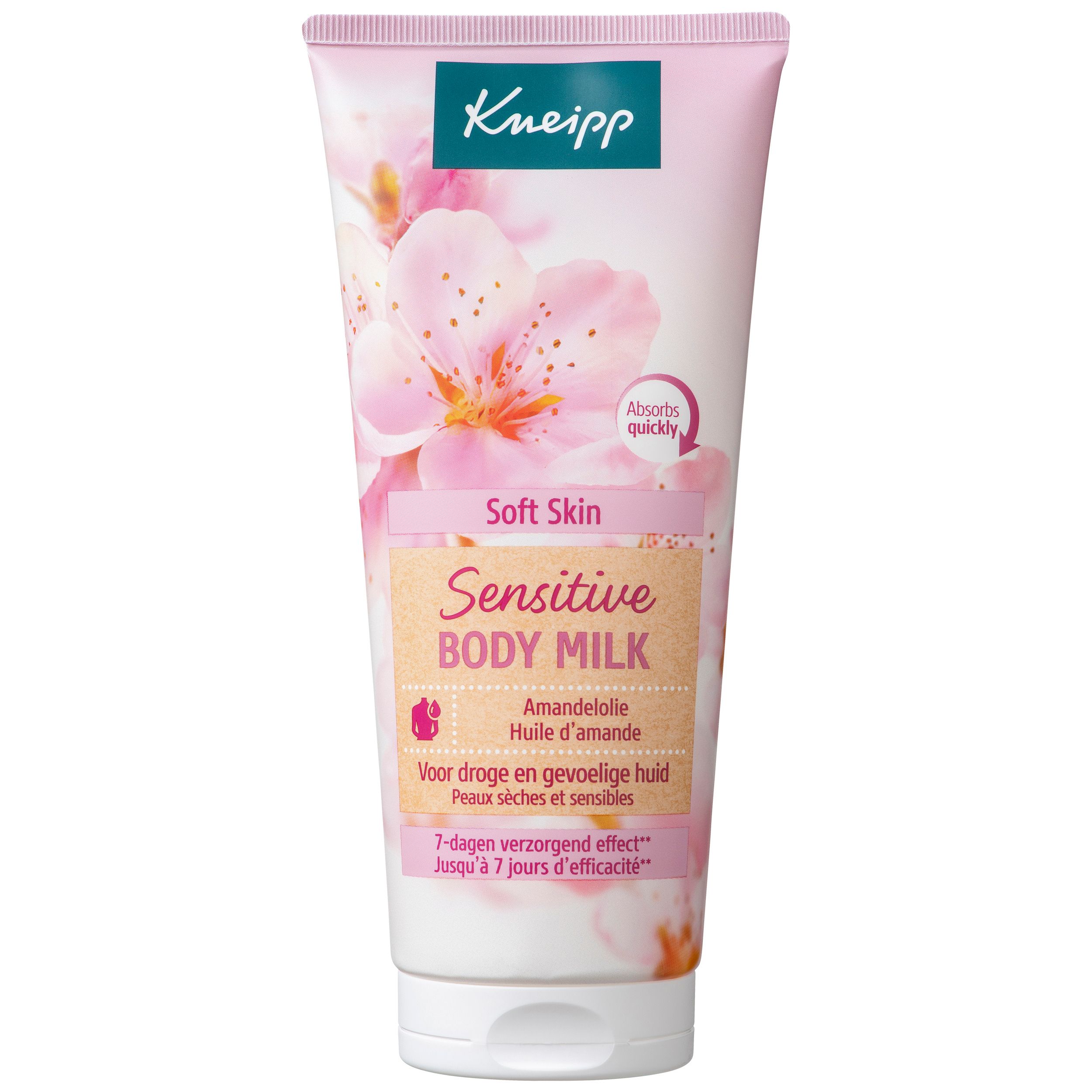 Lotion pour le corps Kneipp® Mandelblüte. Tube rose avec motif floral. Texte: Sensitive Body Milk, Huile d'amande. Sans microplastique.