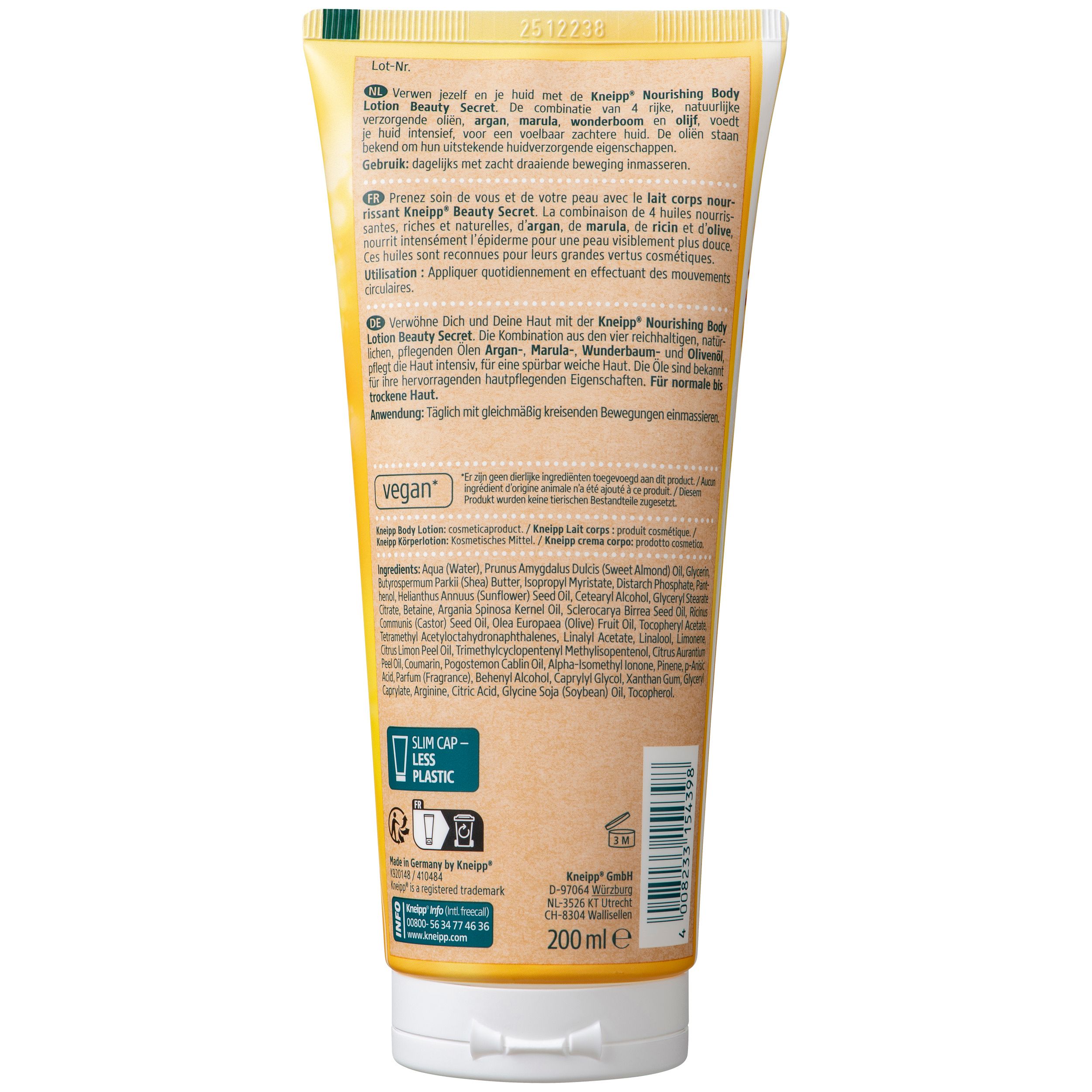 Dos du tube Kneipp® Bodylotion Beauty Secret. Texte: ingrédients, 200 ml, vegan. Pour peaux normales à sèches.