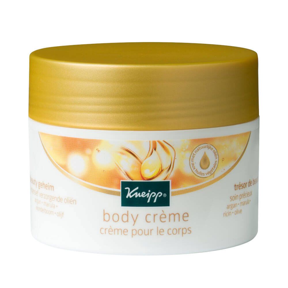 Weißer Tiegel mit goldenem Deckel. Aufschrift: Kneipp body crème. Abbildung von Öltropfen. Text in Deutsch, Französisch, Niederländisch.
