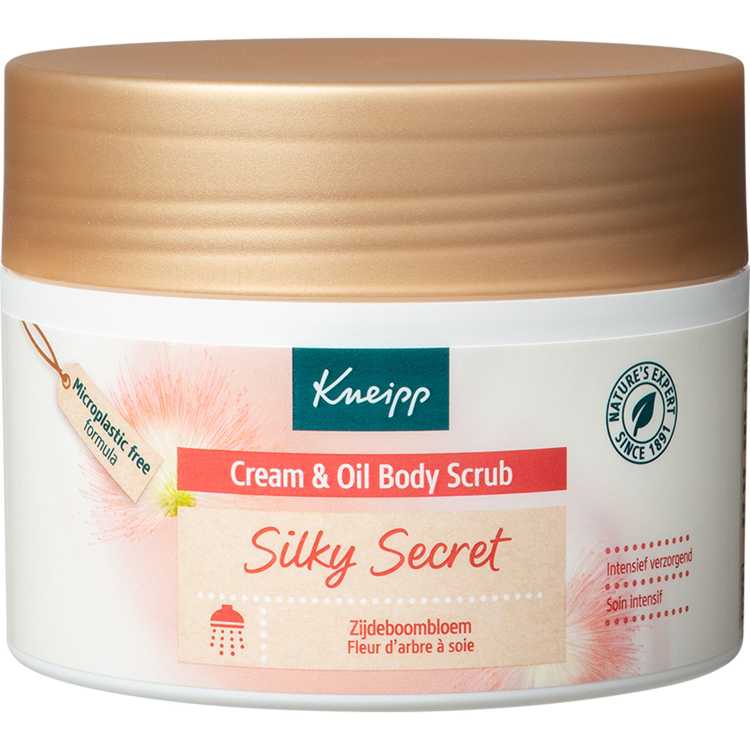Kneipp® Gommage corps crème & huile Silky Secret. Pot blanc, couvercle doré. Étiquette avec informations.
