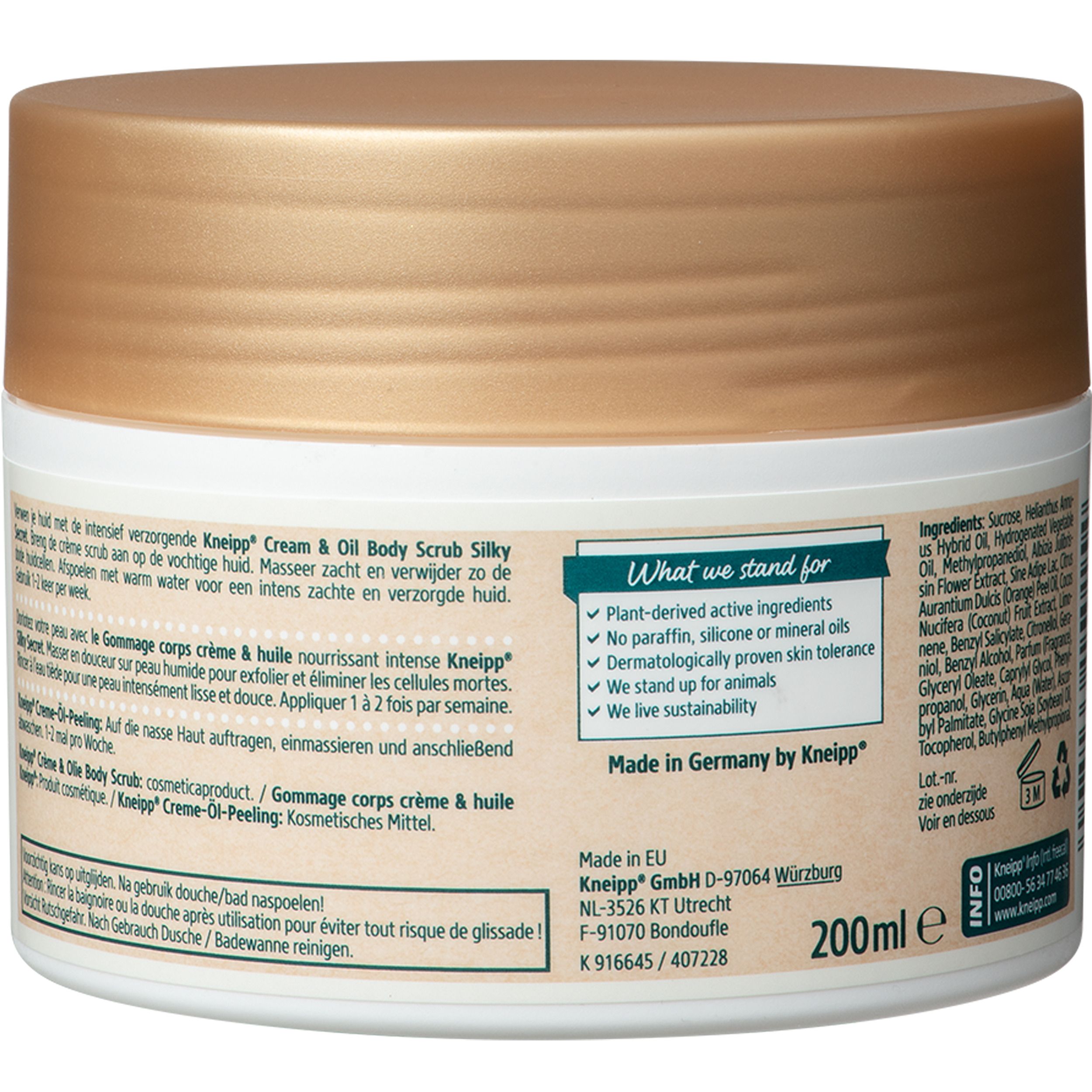 Kneipp® Gommage corps crème & huile Silky Secret. Pot avec couvercle argenté. Informations produit.