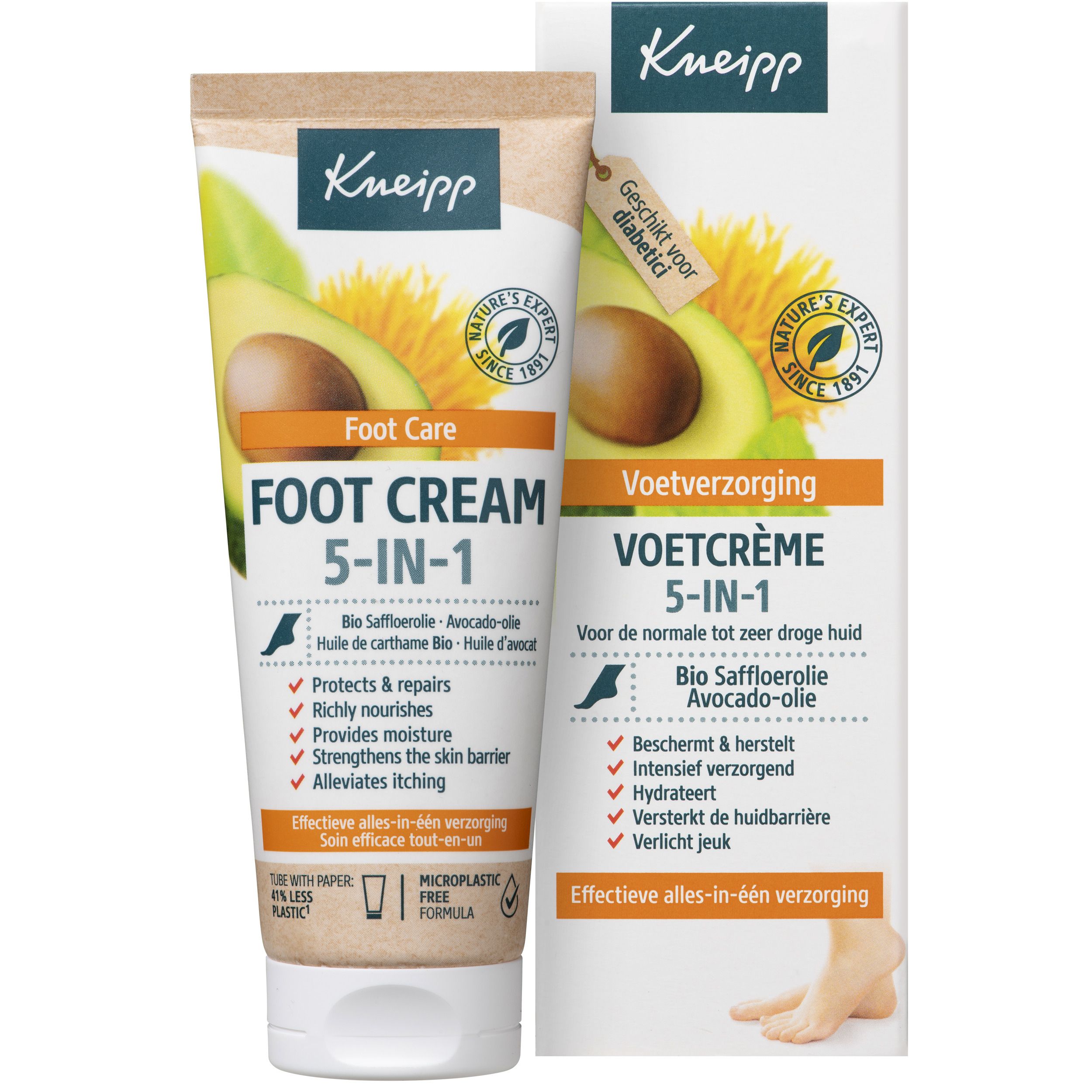Tube et boîte de crème pour les pieds. Marque Kneipp. Crème pieds 5-en-1. Huile d'avocat et de carthame. Informations sur les soins des pieds.