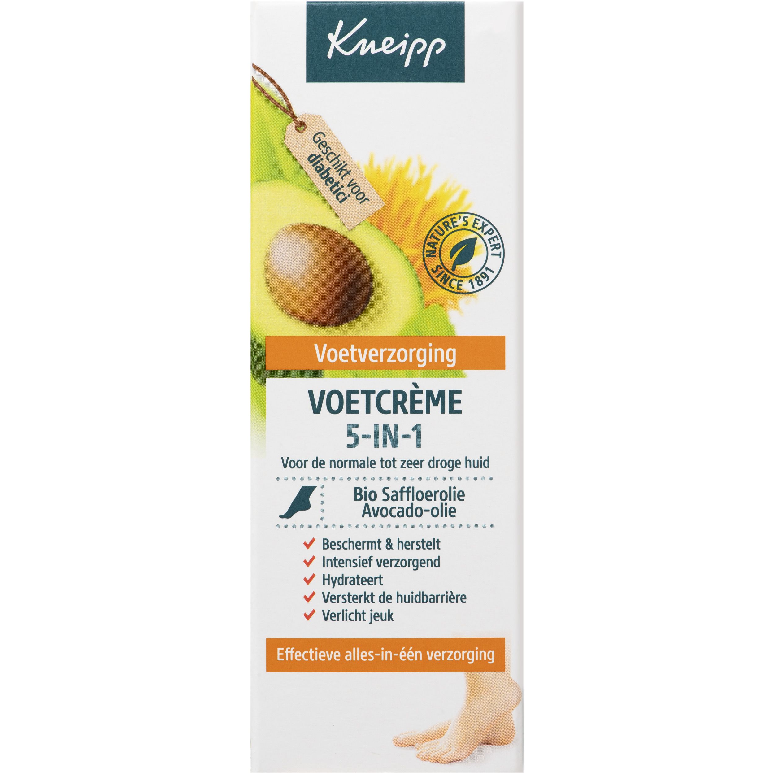 Tube de crème pour les pieds. Marque Kneipp. Crème pieds 5-en-1. Huile d'avocat et de carthame. Convient aux diabétiques.