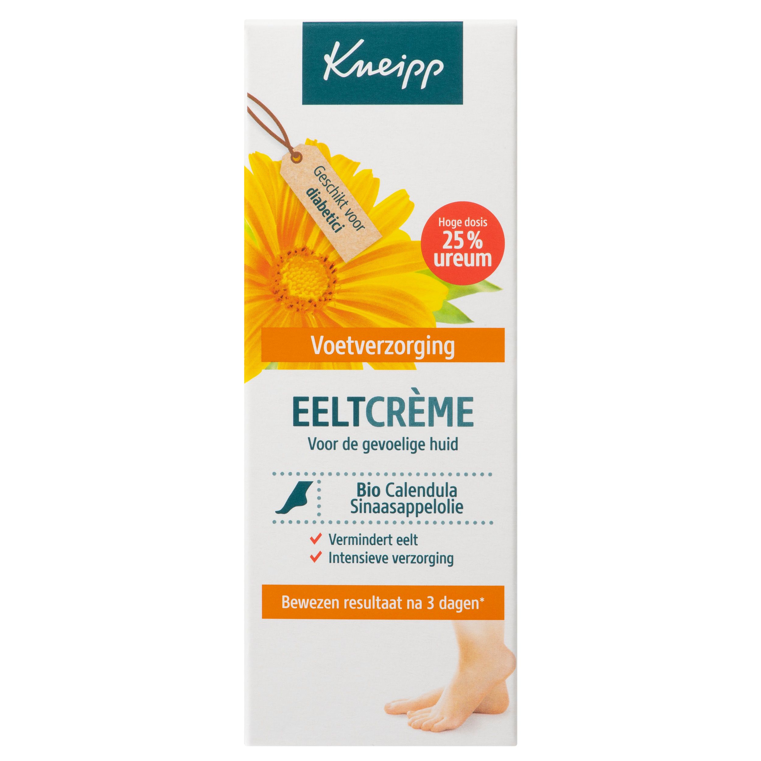 Dos de l'emballage Kneipp® Eeltcrème. Texte en néerlandais. Ingrédients, instructions d'utilisation, avertissements. 50ml.