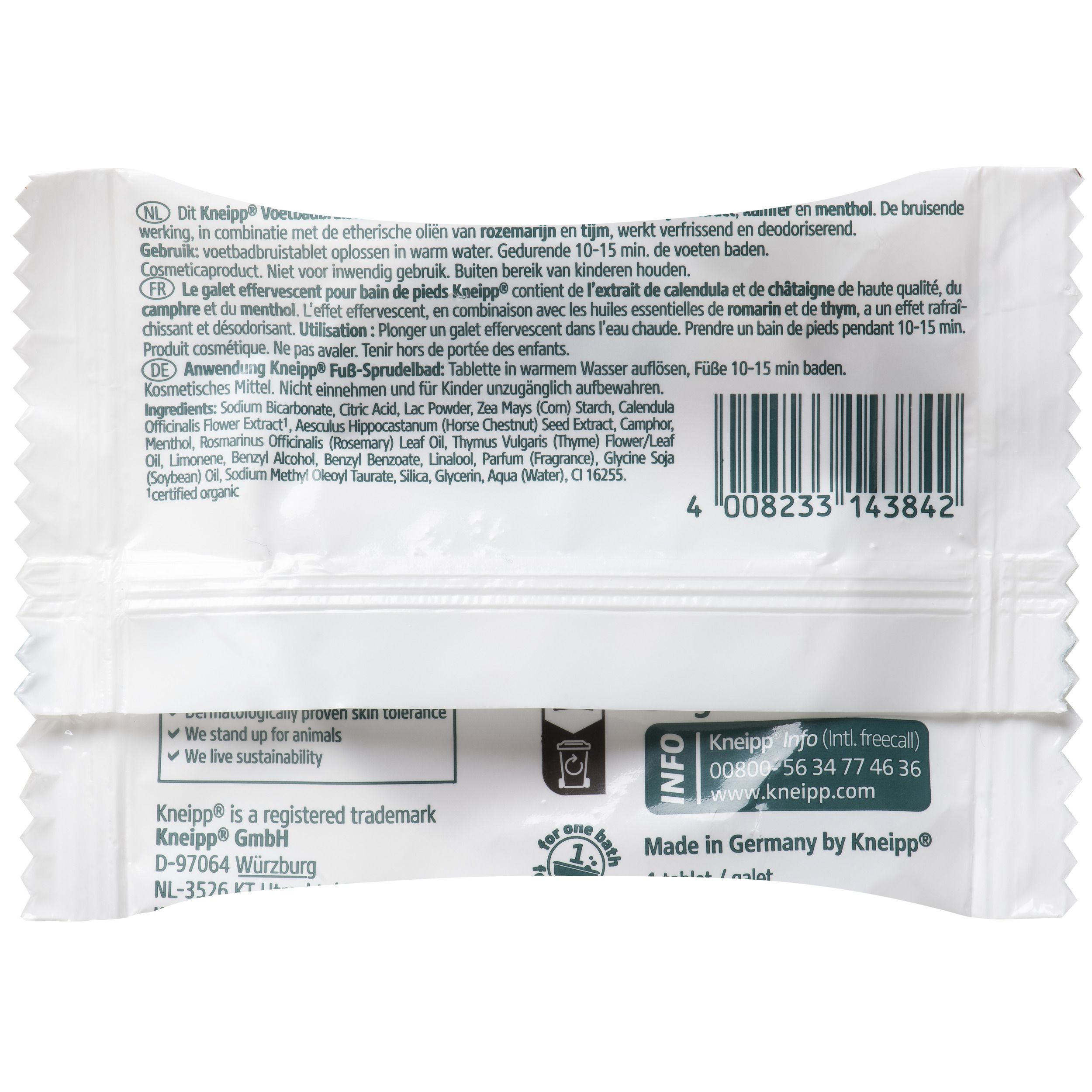 Dos de l'emballage avec ingrédients et informations. Logo Kneipp et coordonnées visibles.