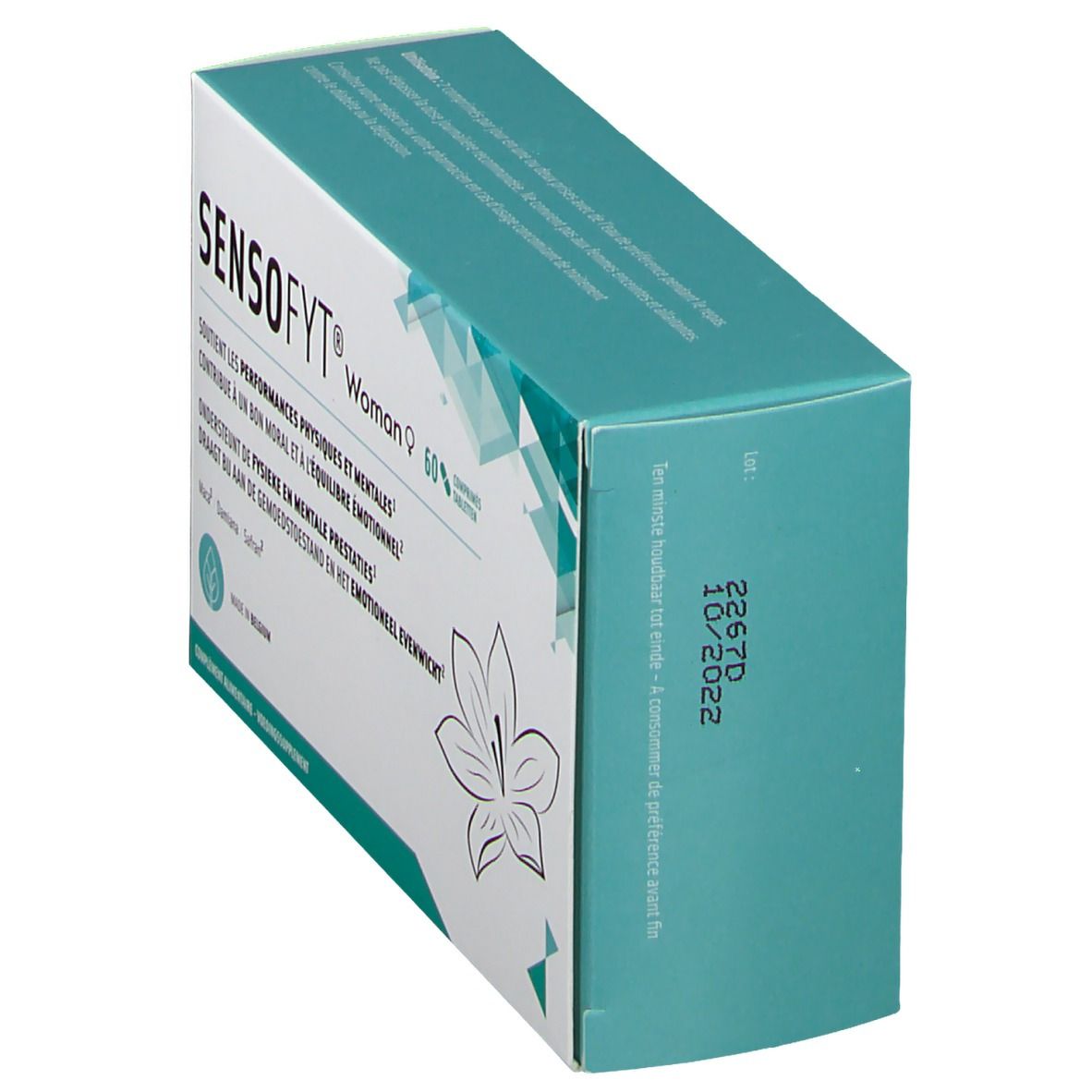 Boîte SENSOFYT® Woman, vue en biais. Design turquoise et blanc, texte et date de péremption.