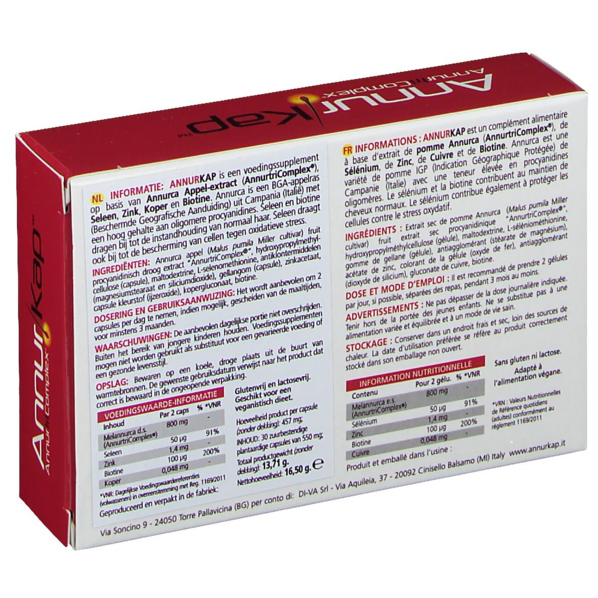 Dos de la boîte AnnurKap. Texte en plusieurs langues. Contient des informations sur les ingrédients et le dosage.