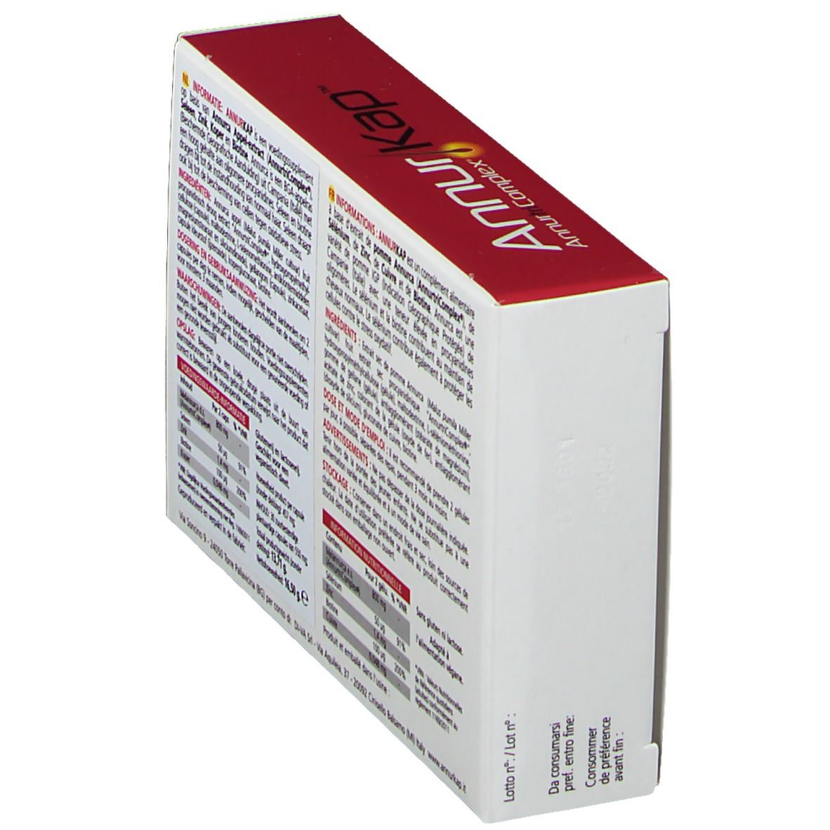 Boîte AnnurKap, vue en biais de côté. Couleurs rouge et blanc. Texte sur le dessus: AnnurKap.