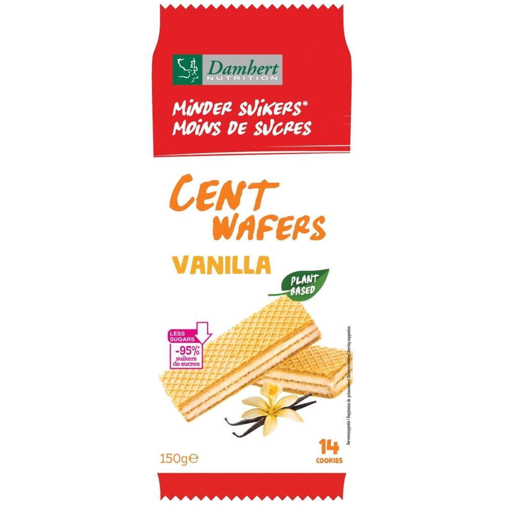Packung Cent Wafers Vanille von Dambert Nutrition mit 14 Waffeln und Vanilleblüte.