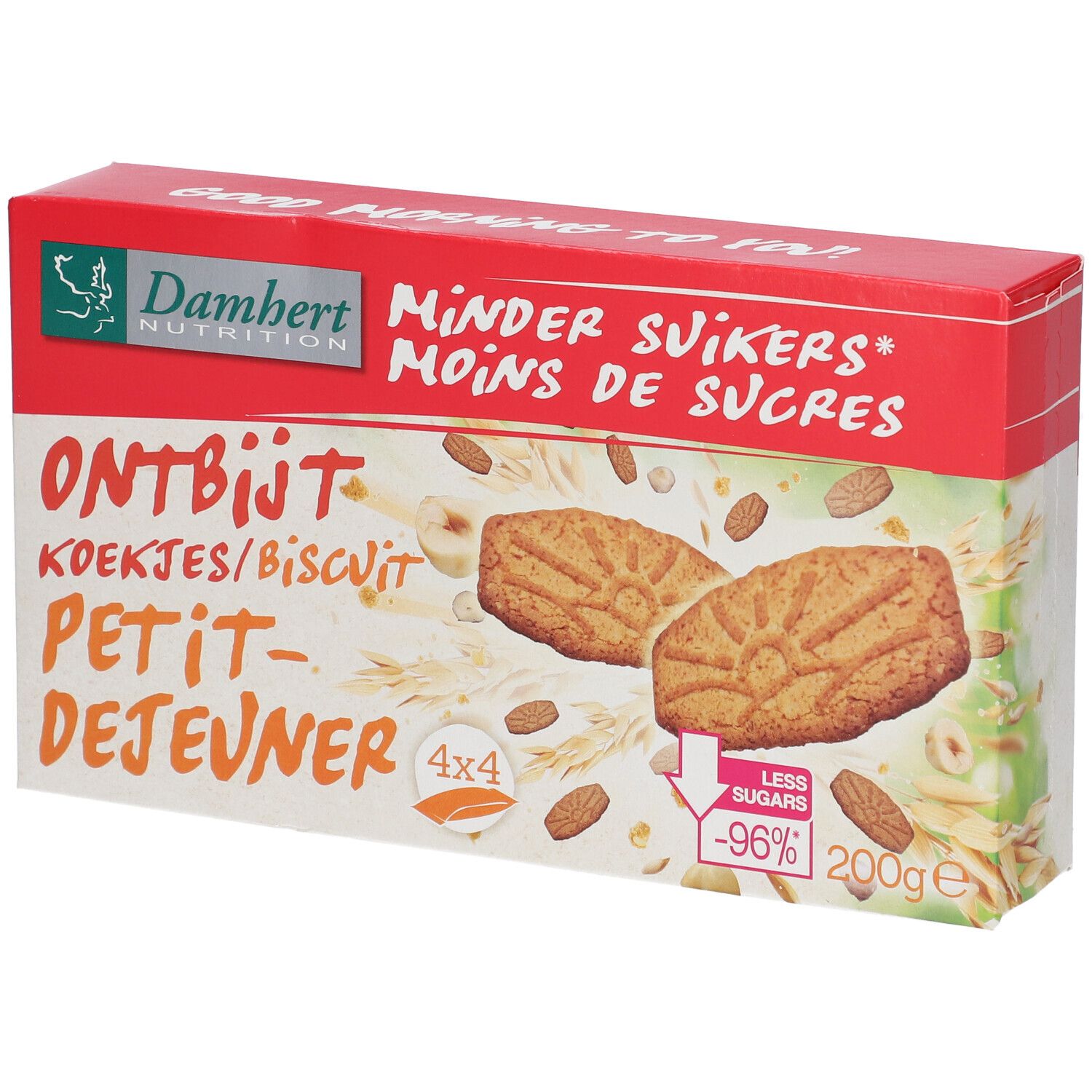 Verpackung mit Frühstückskeksen. Rote und weiße Schachtel mit Produktnamen und Logo. Zeigt Kekse und Zutaten.