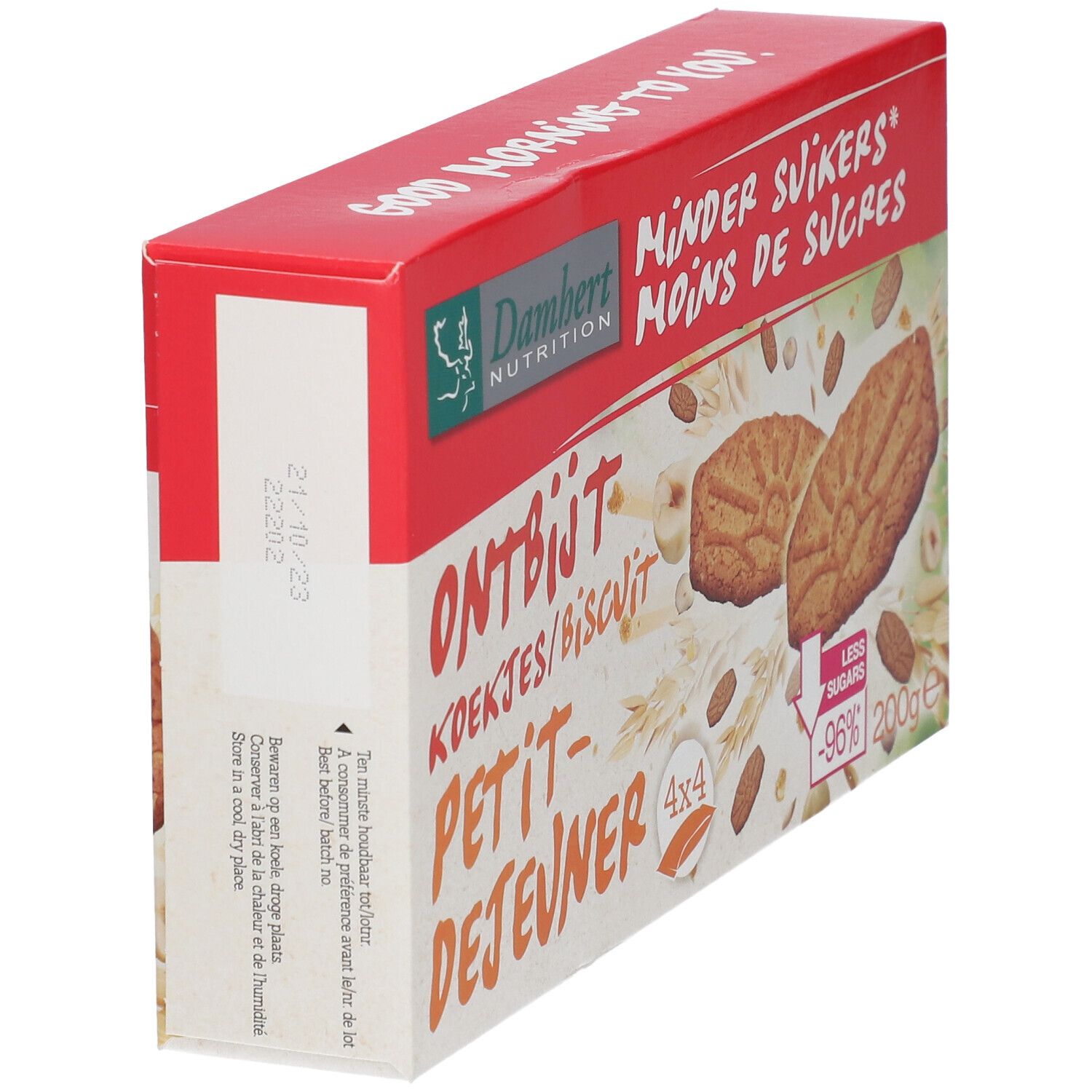 Schachtel mit Frühstückskeksen, schräg. Rote und weiße Verpackung mit Produktnamen und Logo. Zeigt Kekse und Zutaten.