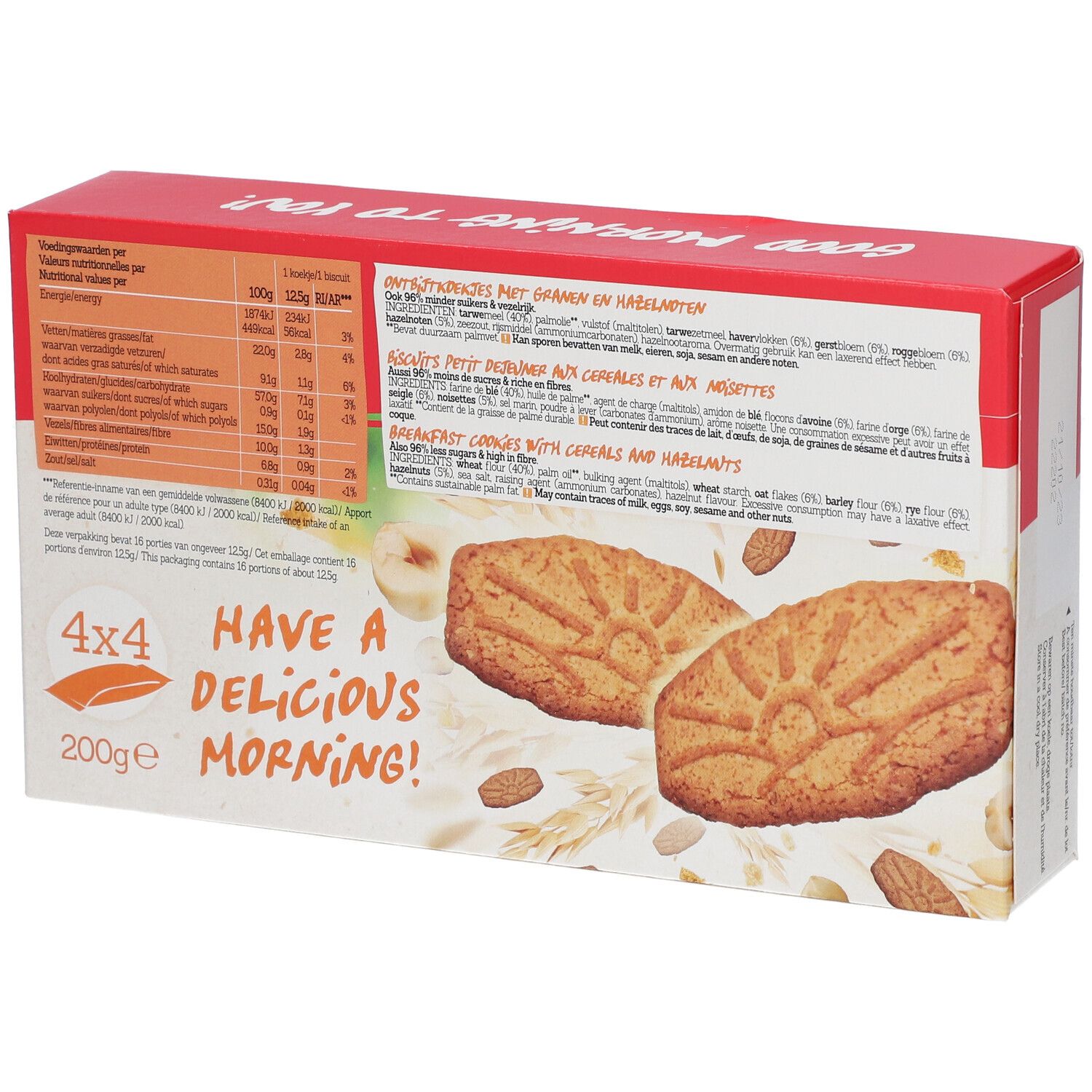 Rückseite der Frühstückskekse-Verpackung. Enthält Nährwertangaben und Produktinformationen. Zeigt Kekse und Zutaten.