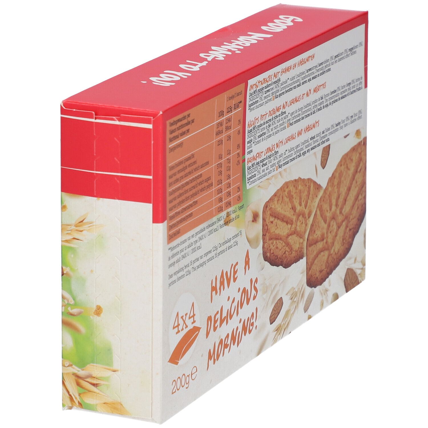 Schrägansicht der Verpackung mit Frühstückskeksen. Enthält Nährwertangaben und Produktinformationen. Zeigt Kekse und Zutaten.