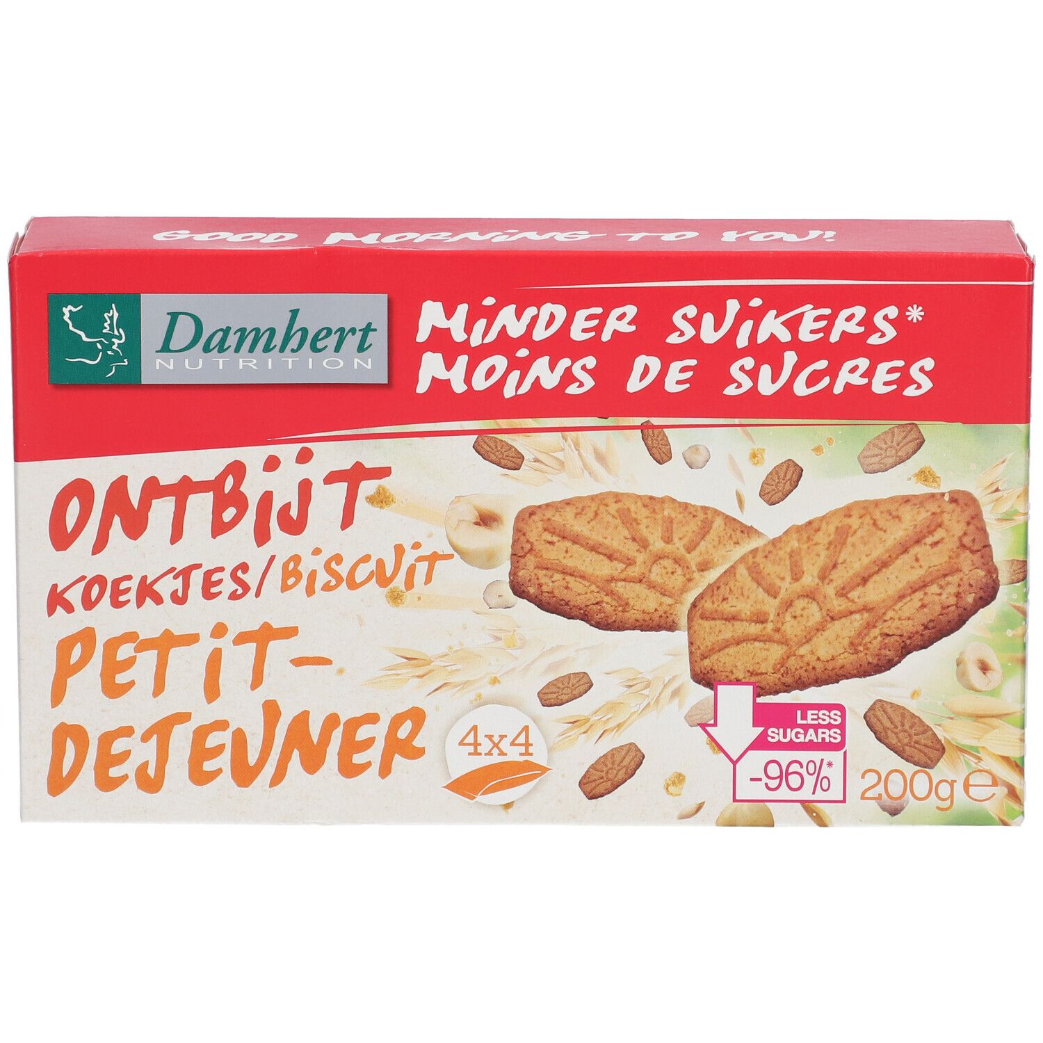 Verpackung mit Frühstückskeksen. Rote und weiße Schachtel mit Produktnamen und Logo. Zeigt Kekse und Zutaten.
