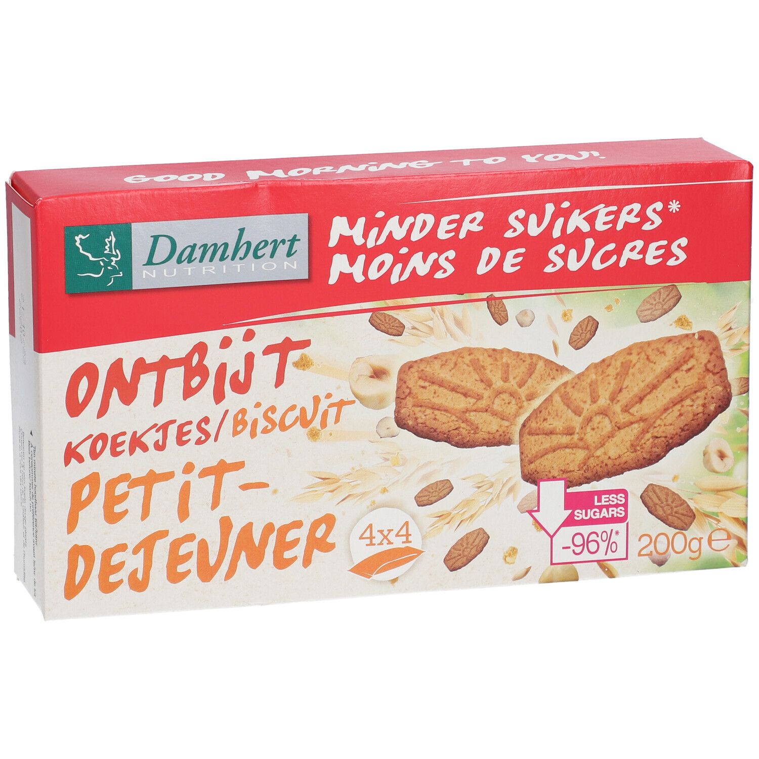 Verpackung mit Frühstückskeksen. Rote und weiße Schachtel mit Produktnamen und Logo. Zeigt Kekse und Zutaten.