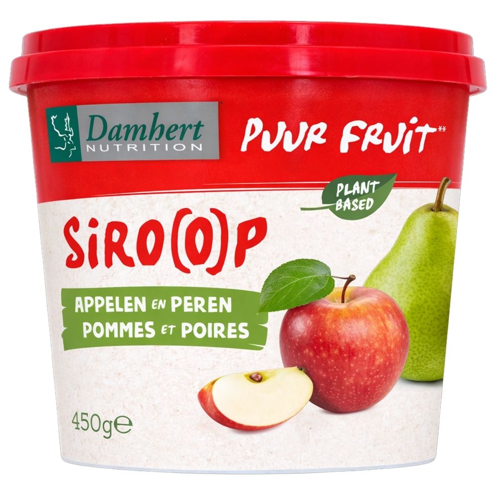 Dambert Nutrition Apfel- und Birnensirup in einem roten Behälter. Enthält 450g.