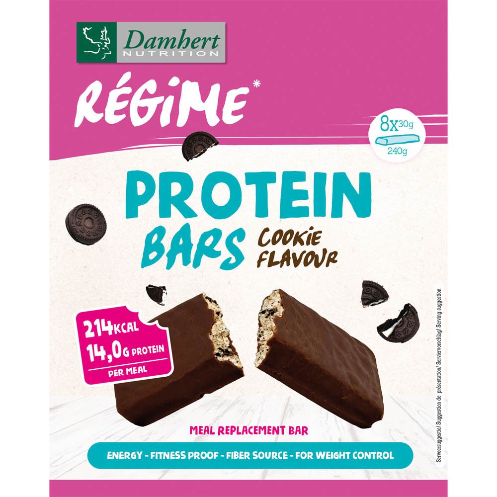 Rosa Schachtel mit Proteinriegeln. Aufschrift: Damhert, Protein Bars, Cookie Flavour. 8 Riegel, 240g.