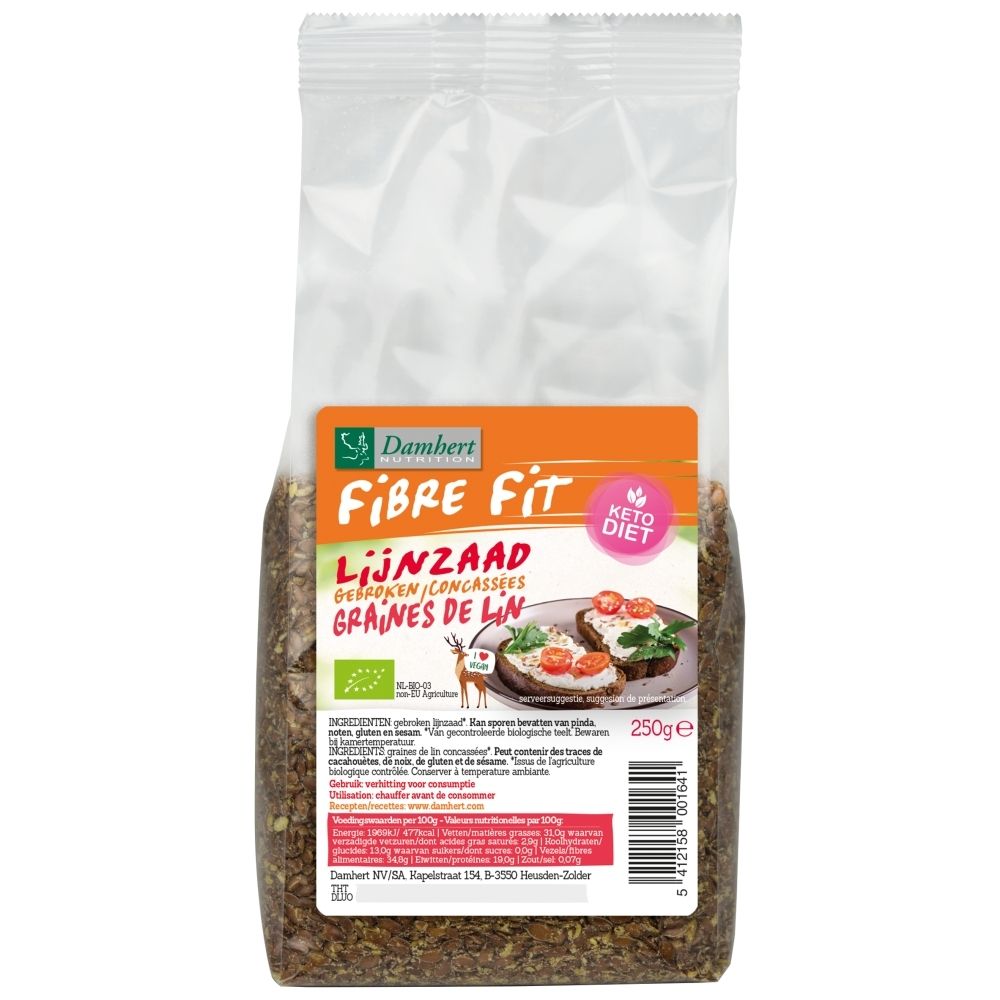 Damhert Fibre Fit Graines de lin: Sachet de graines de lin grillées, 250g. Logo bio et mention régime cétogène.
