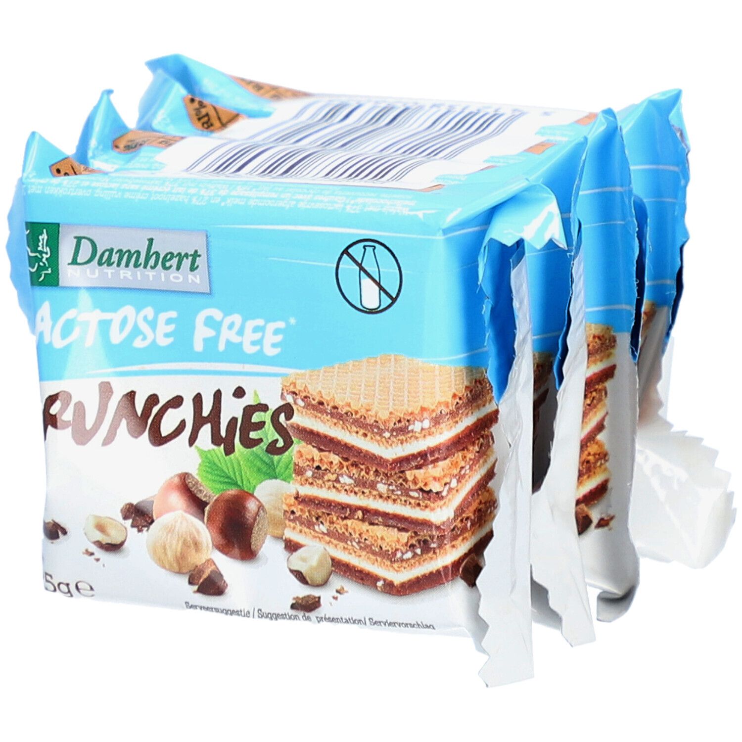 Damhert Crunchies, laktosefrei, in Packung. Abbildung zeigt Waffeln mit Haselnüssen. Blaue Verpackung mit Produktlogo.