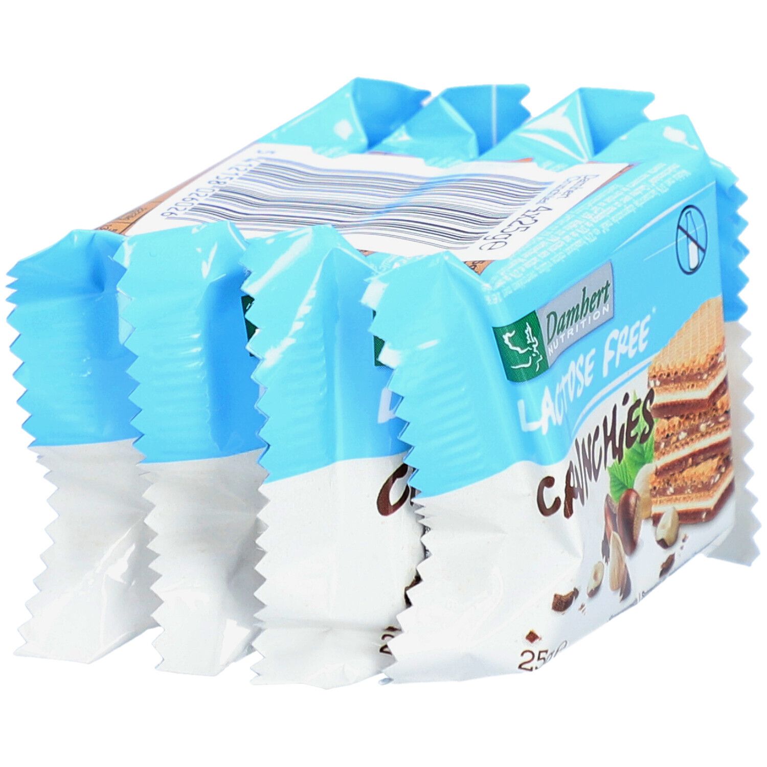 Damhert Crunchies, laktosefrei, in Packung. Blaue Verpackung mit Produktlogo und Waffel-Abbildung. Mehrere Packungen.