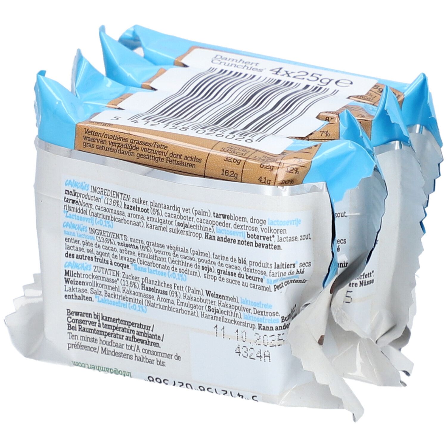 Damhert Crunchies, laktosefrei, in Packung. Rückseite der Verpackung mit Zutatenliste und Barcode. Mehrere Packungen.