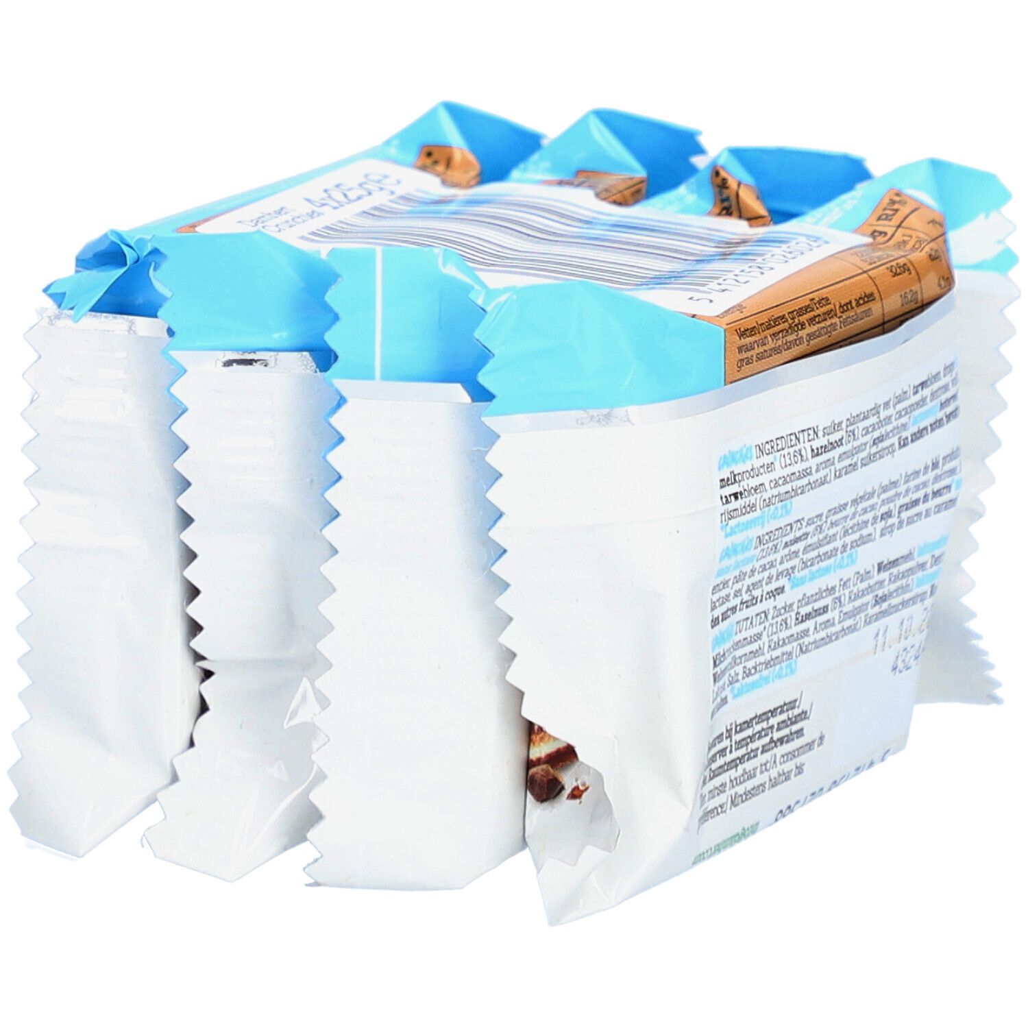 Damhert Crunchies, laktosefrei, in Packung. Mehrere Packungen, teilweise geöffnet. Zutatenliste sichtbar.