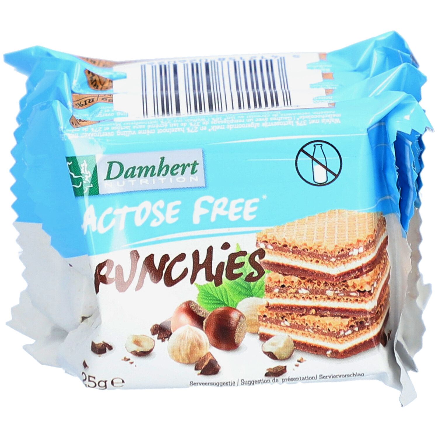 Damhert Crunchies, laktosefrei, in Packung. Blaue Verpackung mit Produktlogo und Waffel-Abbildung. 25g.