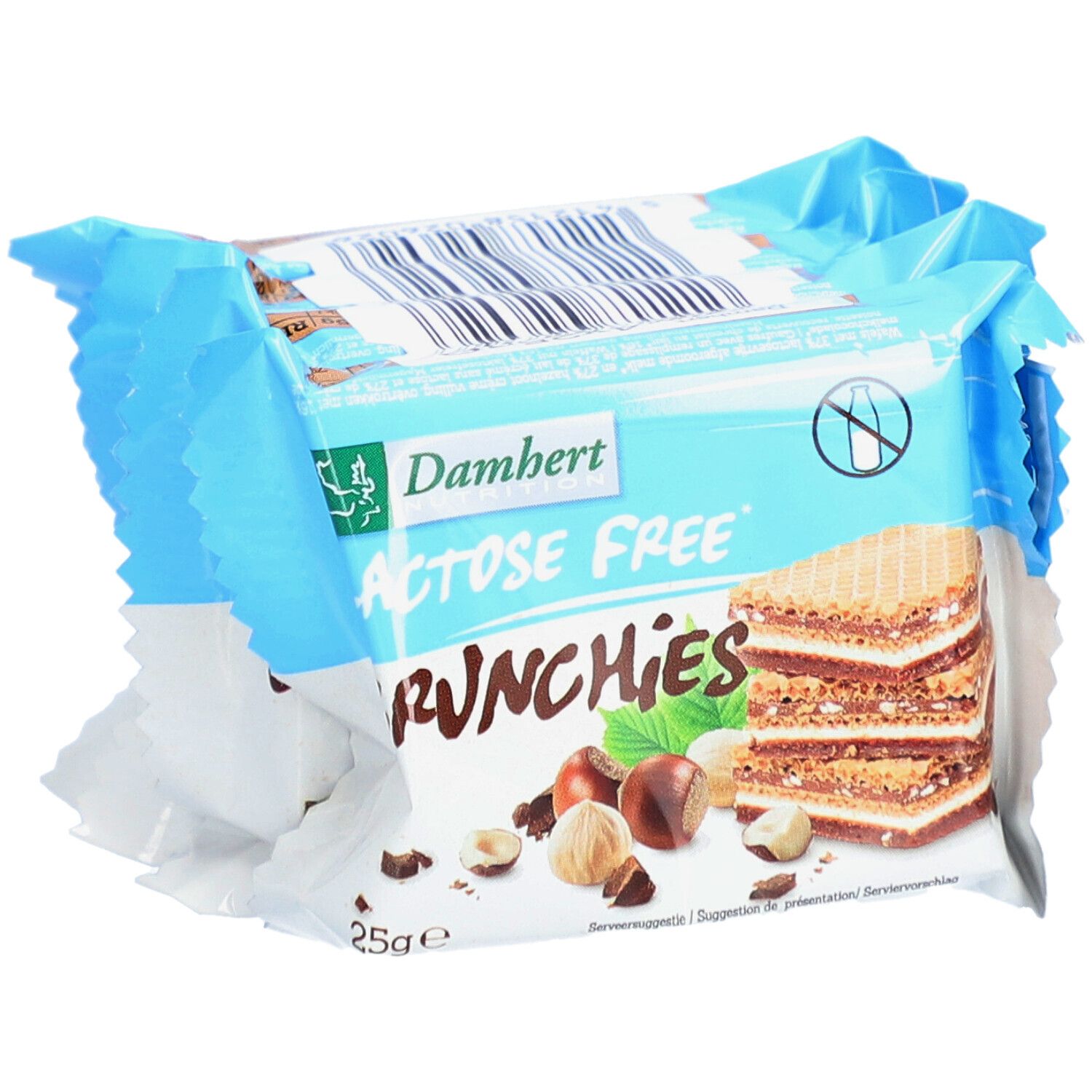 Damhert Crunchies, laktosefrei, in Packung. Blaue Verpackung mit Produktlogo und Waffel-Abbildung. 25g.