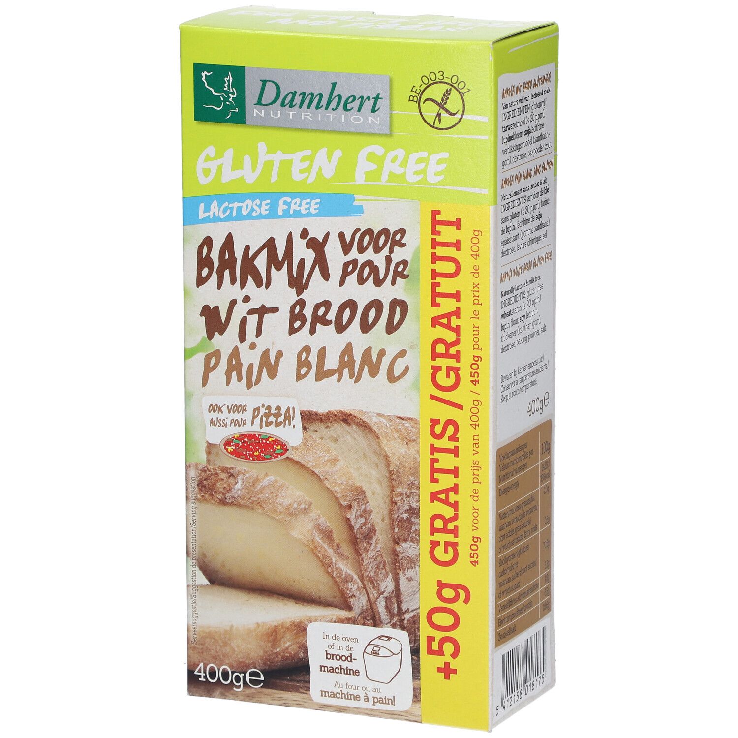 Verpackung Damhert Glutenfrei Weißbrotmischung Laktosefrei. Vorderseite mit Brot, Text und Logo. 400g.