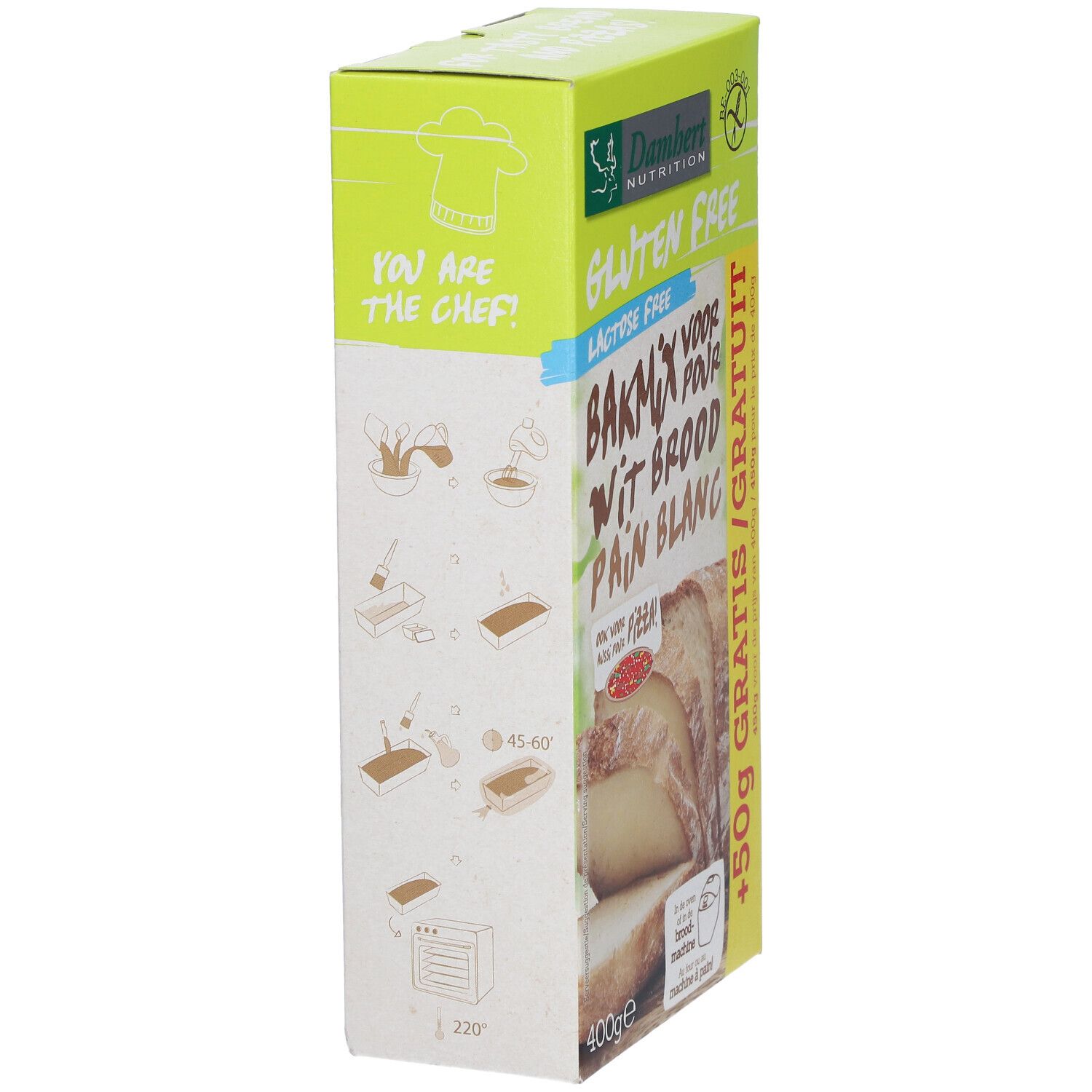 Seitenansicht der Verpackung Damhert Glutenfrei Weißbrotmischung Laktosefrei. Mit Koch-Illustrationen und Text.