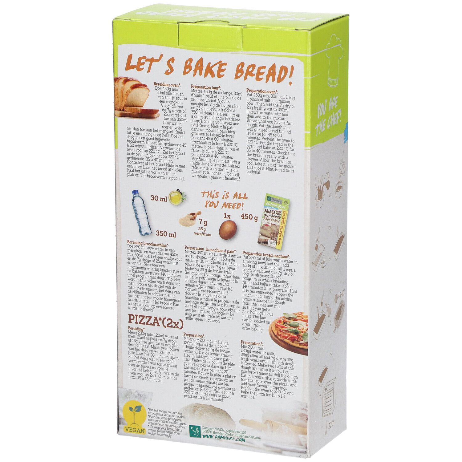 Rückseite der Verpackung Damhert Glutenfrei Weißbrotmischung Laktosefrei. Mit Zubereitungshinweisen und Zutaten.