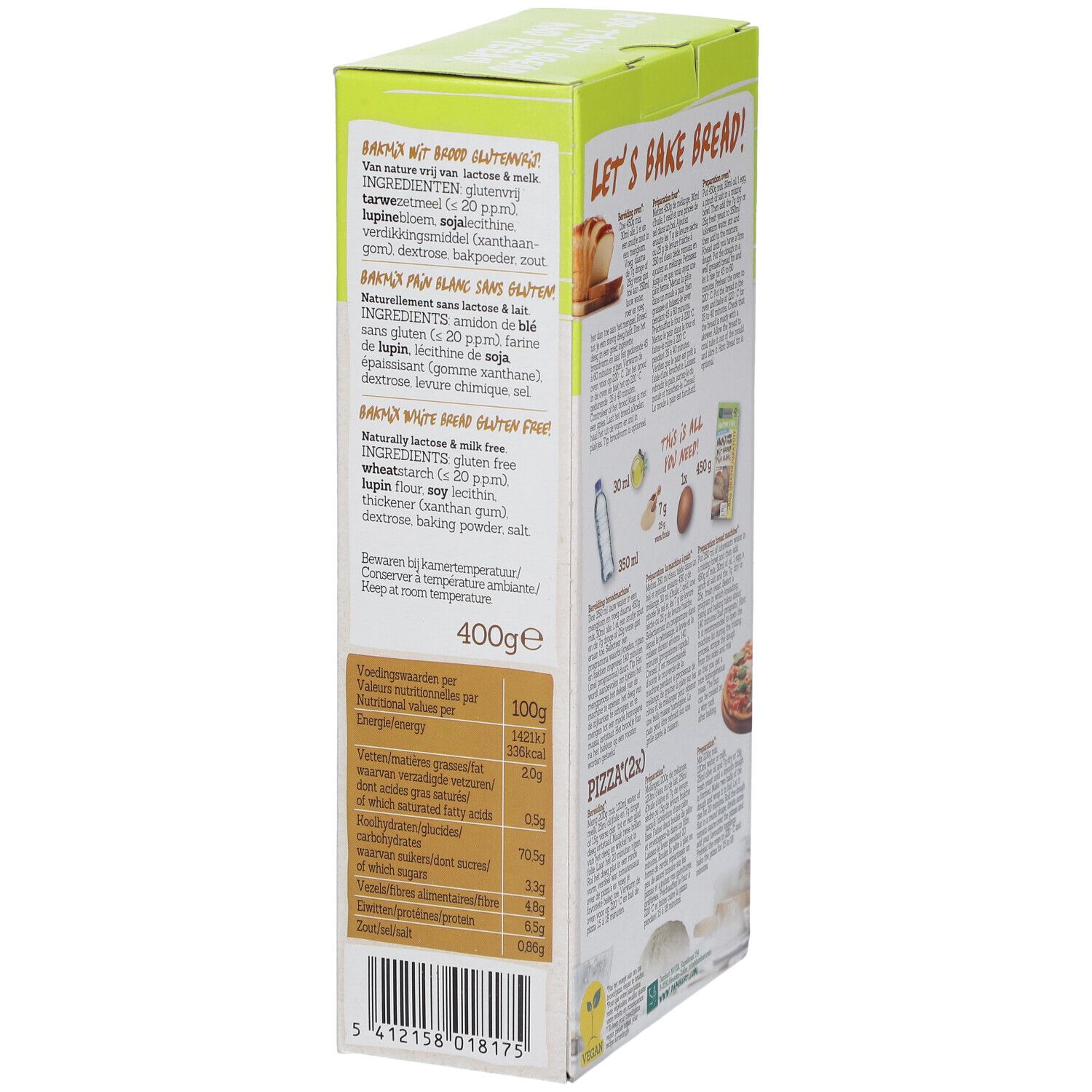Rückseite der Verpackung Damhert Glutenfrei Weißbrotmischung Laktosefrei. Zutatenliste, Nährwertangaben und Text.